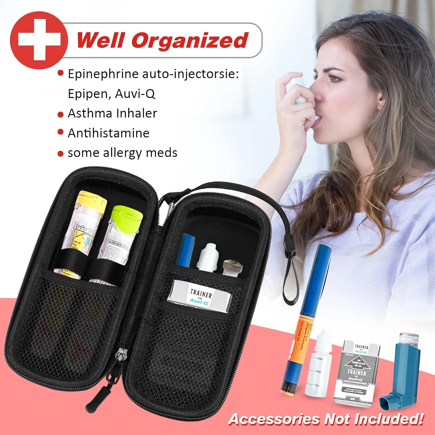Epipen Medical Carrying Case, Hard Shell EVA Shock Absorption Travel Medication Organizer Bag Emergency Medical Pouch Holds 2 EpiPens, Asthma Inhaler, Auvi-Q, Allergy Supplies (Pink)