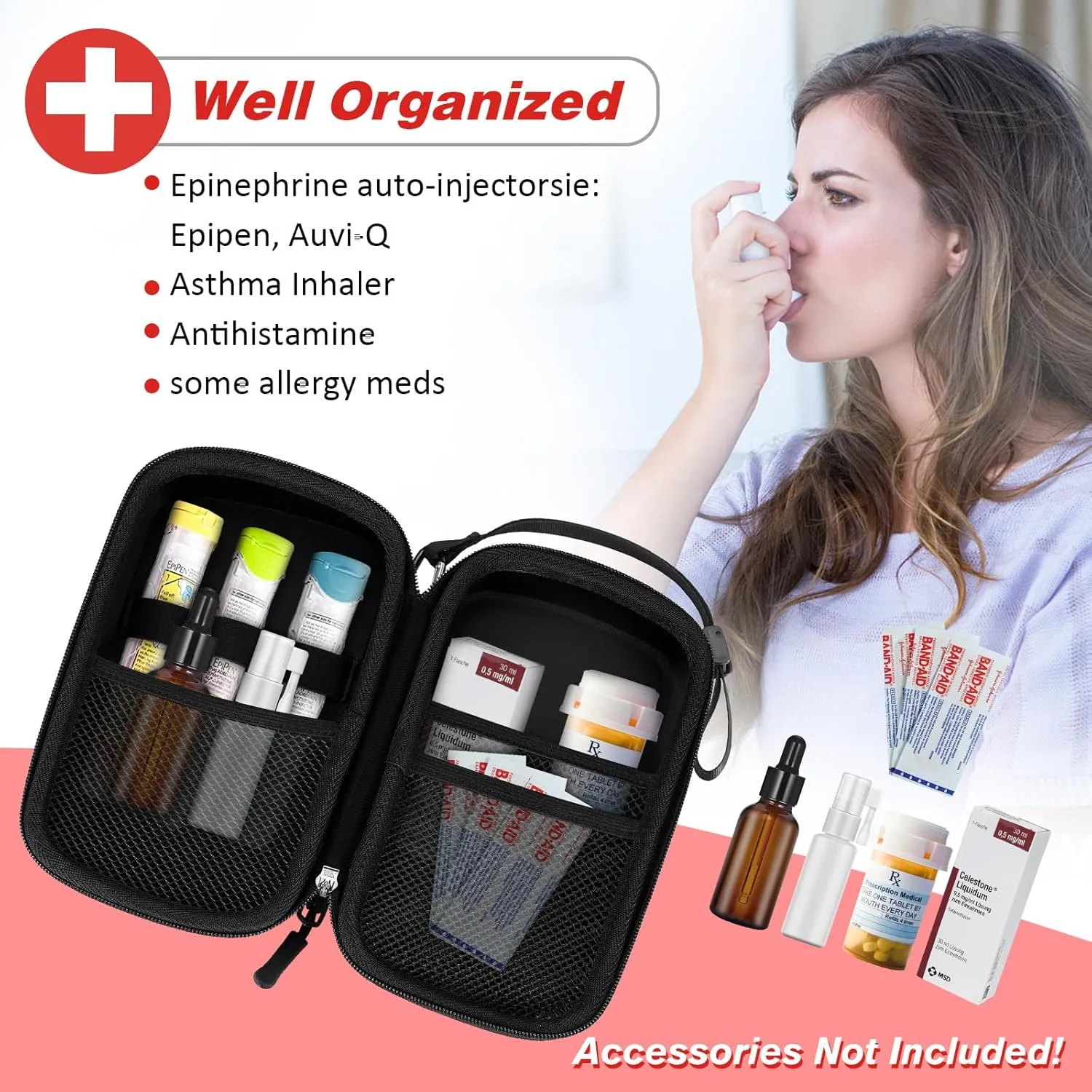 Epipen Medical Carrying Case, Hard Shell EVA Shock Absorption Travel Medication Organizer Bag Emergency Medical Pouch Holds 3 EpiPens, Asthma Inhaler, Allergy Medicine Essentials, Large (Black)