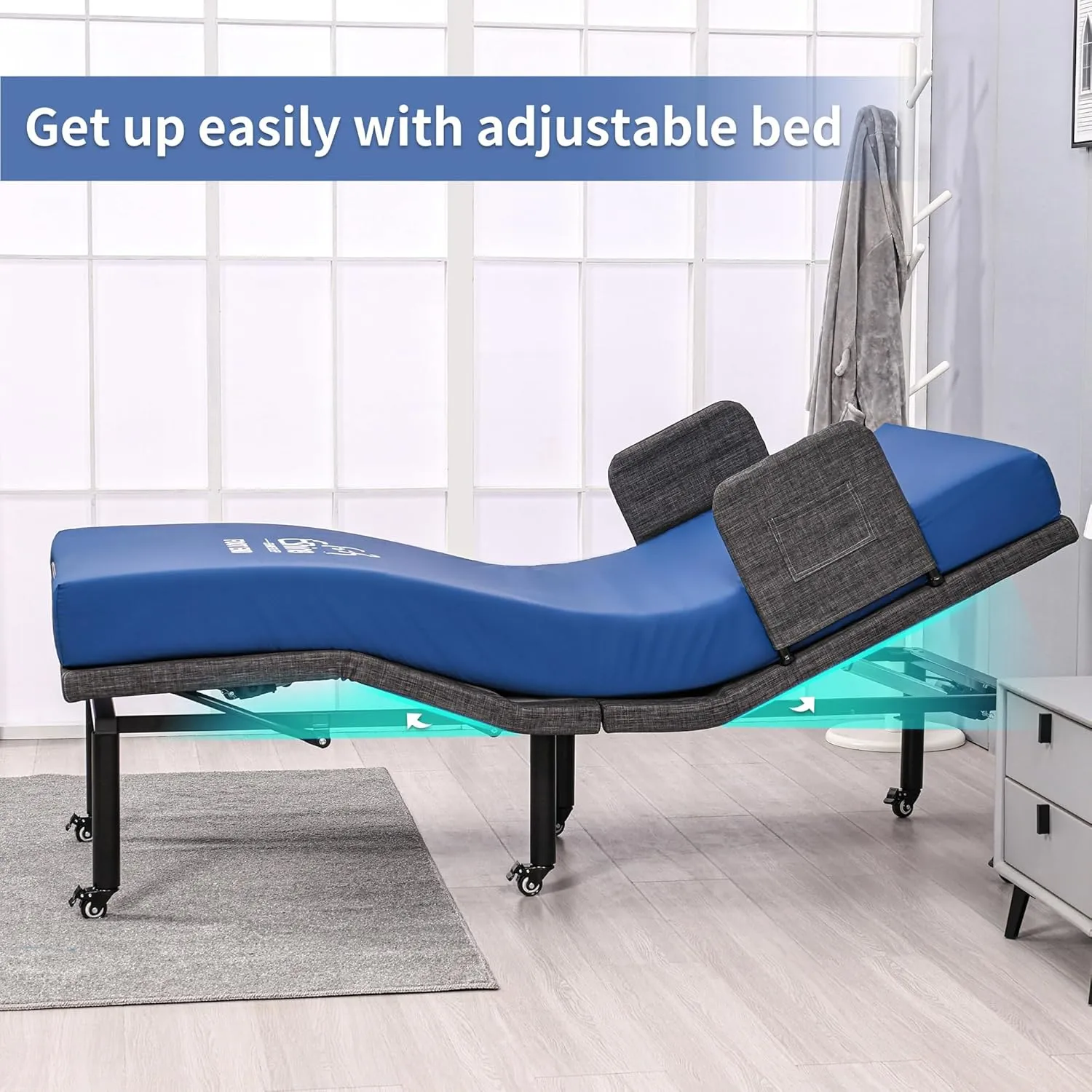 ESHINE Adjustable Bed with 6” Hospital Mattress - Bed Frame with Rails, Adjustable Heights with Wheels, Underbed Night Light, Wireless Remote, Head and Foot Inclined