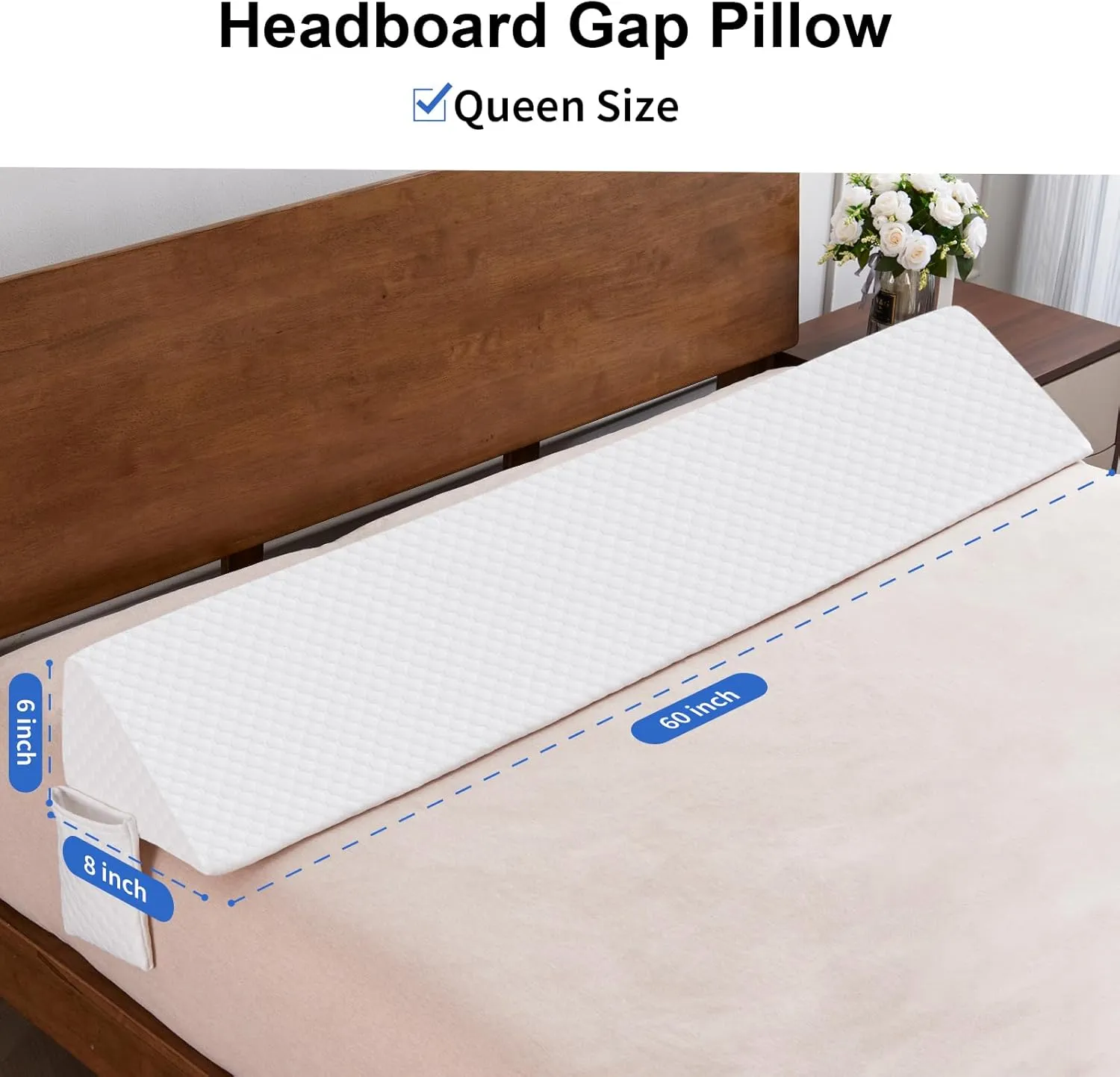 EUHAMS Queen Size Bed Wedge Pillow - Bed Gap Filler Mattress Wedge Headboard Pillow Close The Gap 0-5.5" Between Your Headboard and Mattress or Wall for Sleeping Backrest Pillow (White 60"x8"x6")