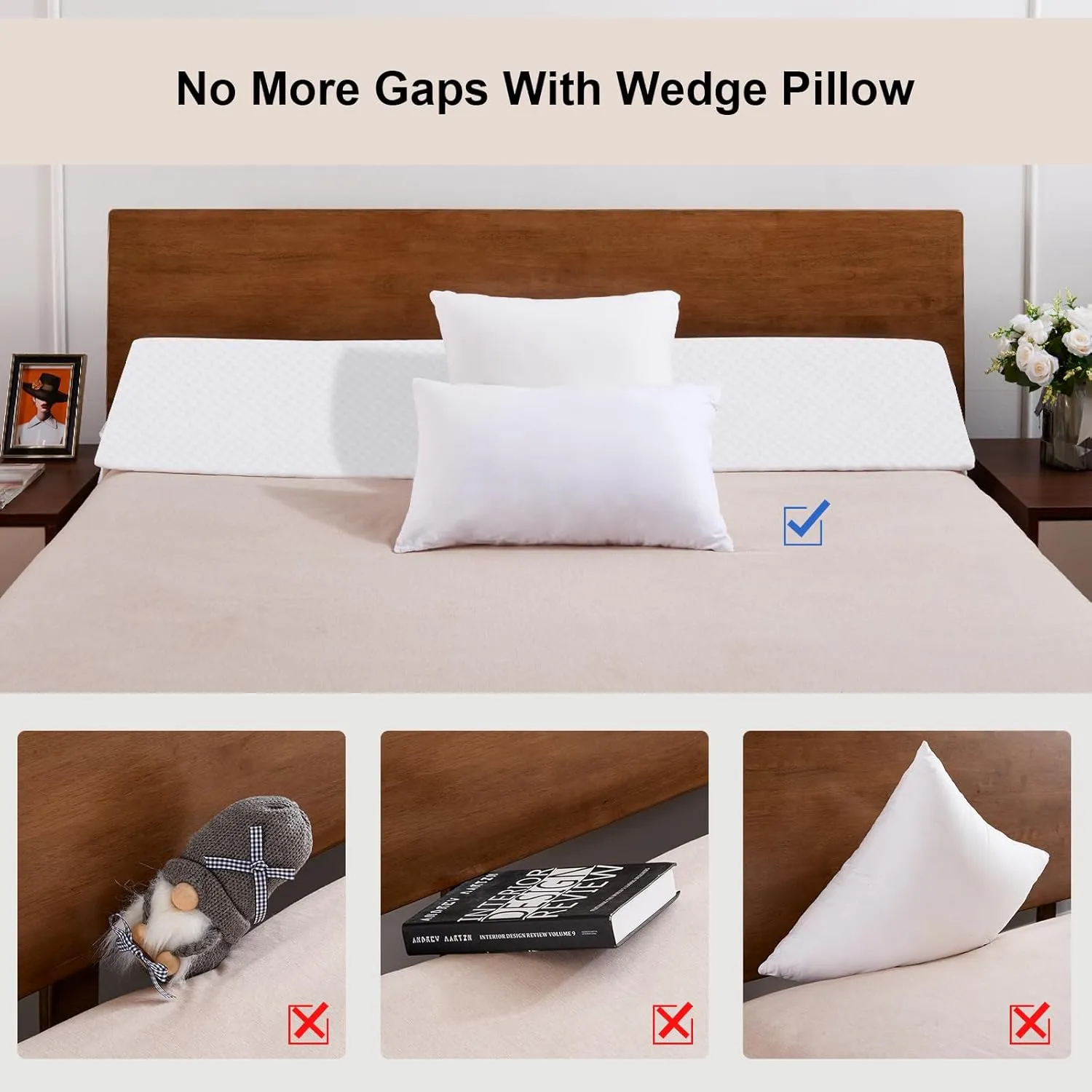 EUHAMS Queen Size Bed Wedge Pillow - Bed Gap Filler Mattress Wedge Headboard Pillow Close The Gap 0-5.5" Between Your Headboard and Mattress or Wall for Sleeping Backrest Pillow (White 60"x8"x6")