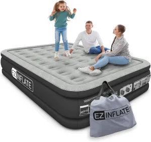 EZ INFLATE Air Mattress with Built in Pump - King Size Double-High Inflatable Mattress with Flocked Top - Easy Inflate, Waterproof, Portable Blow Up Bed for Camping & Travel