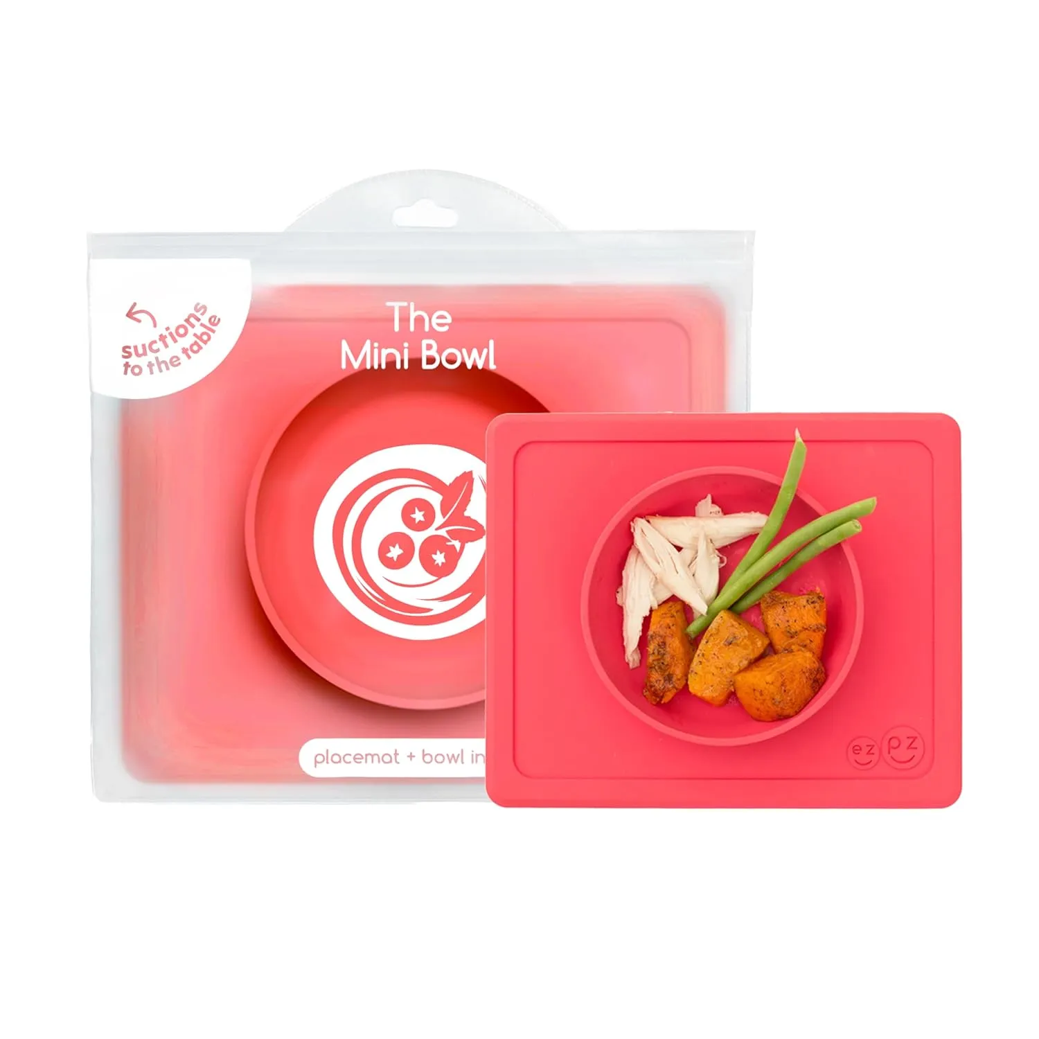 ezpz Mini Bowl for 12 Months  (Coral) - 100% Silicone Suction Bowl with Built-in Placemat for Toddlers - Comes with a Reusable Travel Bag