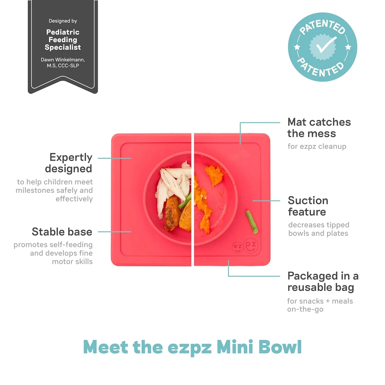 ezpz Mini Bowl for 12 Months  (Coral) - 100% Silicone Suction Bowl with Built-in Placemat for Toddlers - Comes with a Reusable Travel Bag
