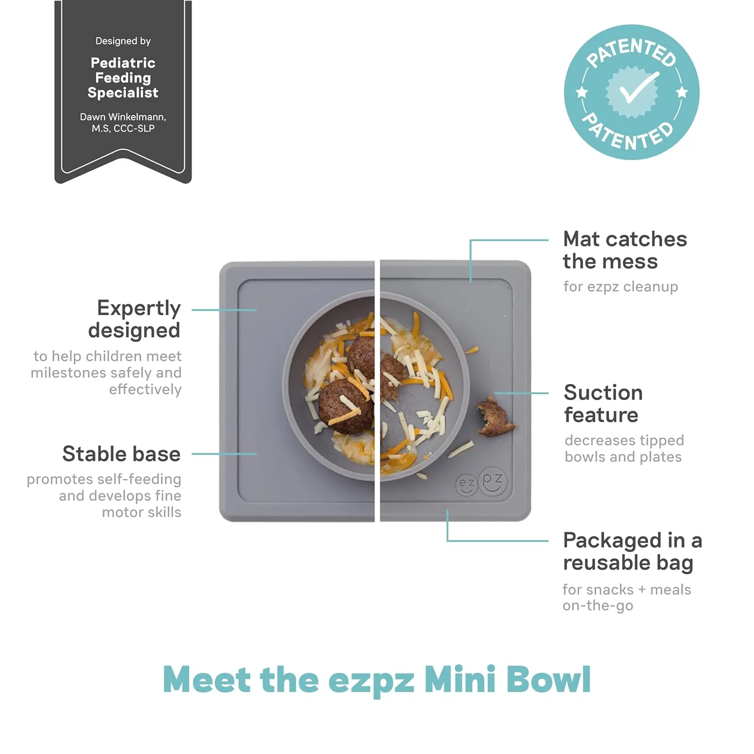 ezpz Mini Bowl for 12 Months  (Gray) - 100% Silicone Suction Bowl with Built-in Placemat for Toddlers - Comes with a Reusable Travel Bag