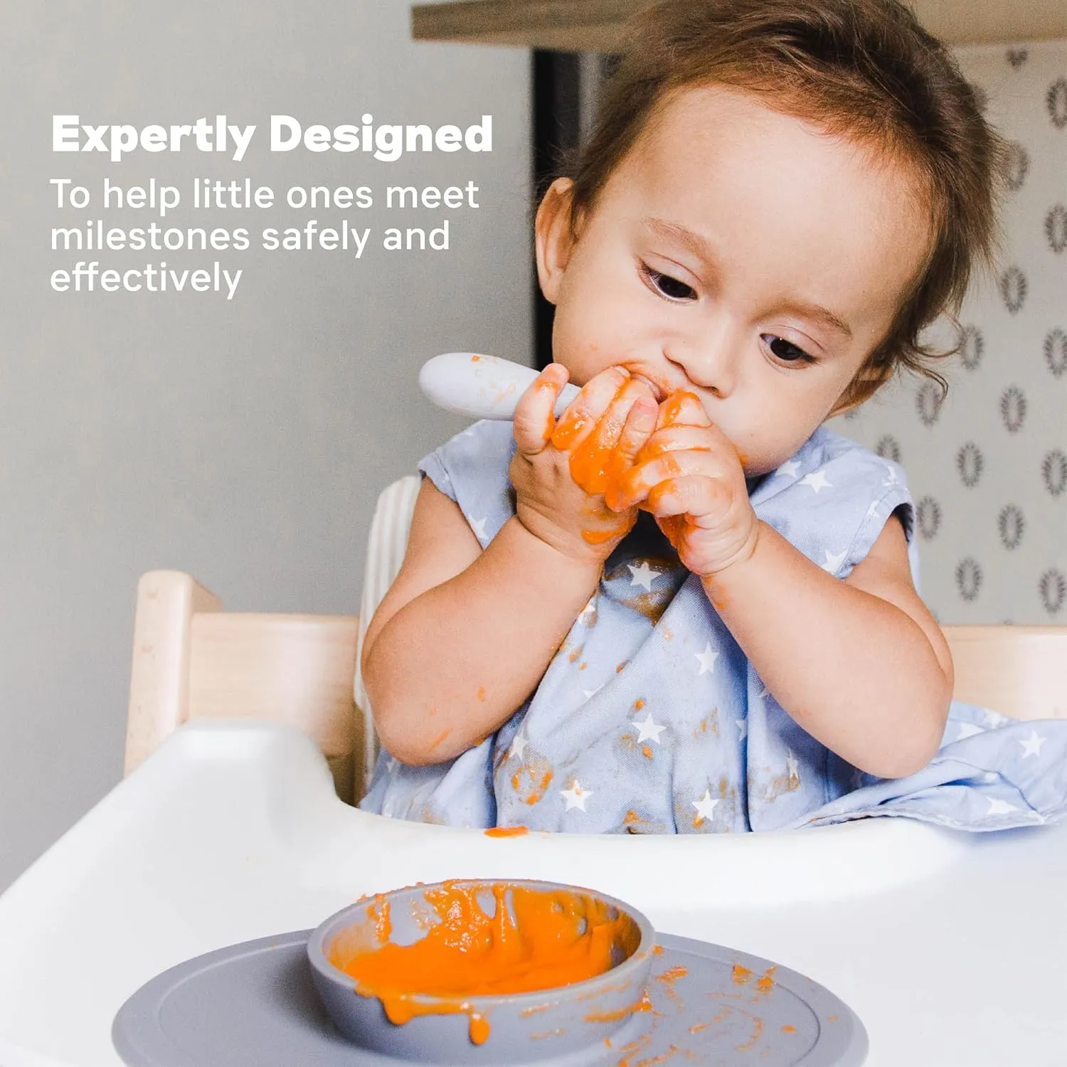 ezpz Tiny Spoon (2 Pack in Pewter) - 100% Silicone Baby Spoon for Baby Led Weaning   Purees - 6 Months   - Designed by a Pediatric Feeding Specialist - Baby Essentials & Baby Gifts