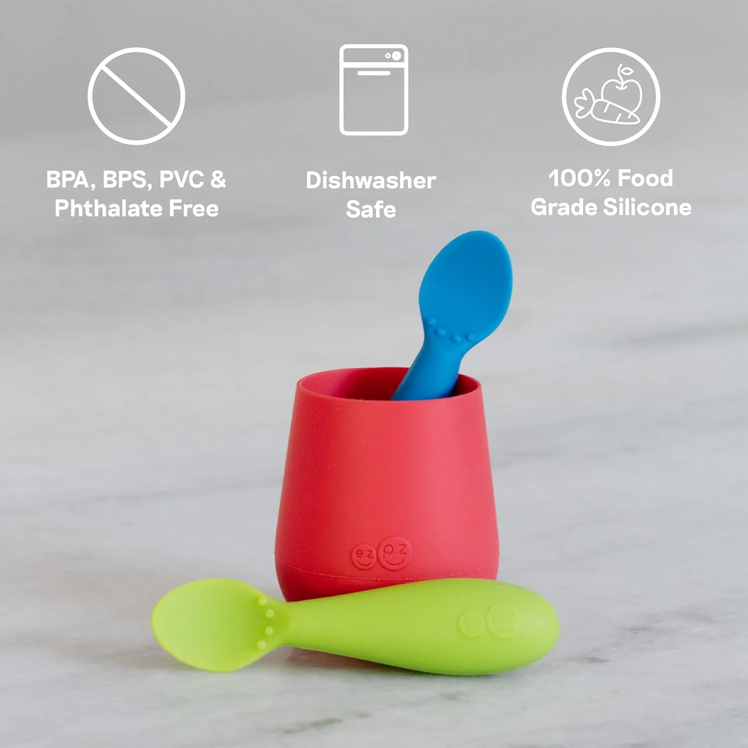ezpz Tiny Spoon (2 Pack in Pewter) - 100% Silicone Baby Spoon for Baby Led Weaning   Purees - 6 Months   - Designed by a Pediatric Feeding Specialist - Baby Essentials & Baby Gifts