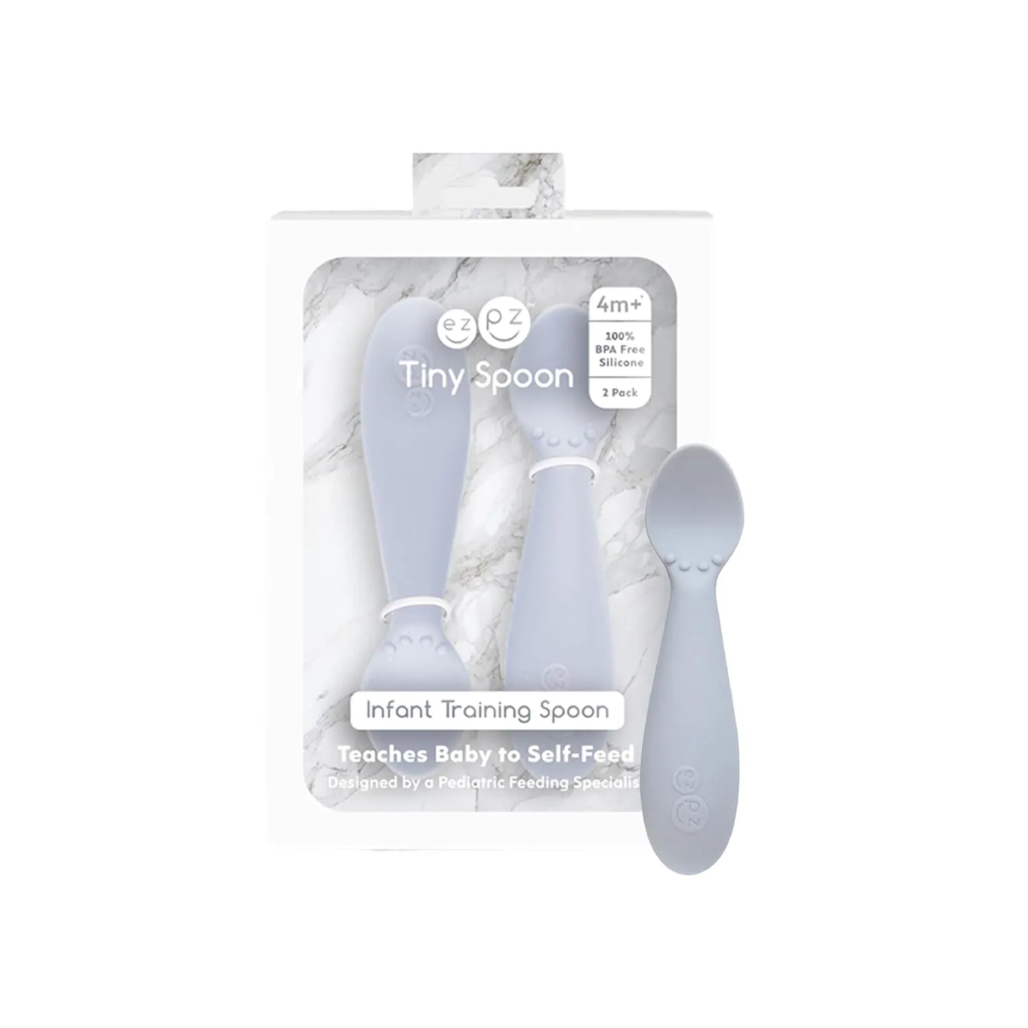 ezpz Tiny Spoon (2 Pack in Pewter) - 100% Silicone Baby Spoon for Baby Led Weaning   Purees - 6 Months   - Designed by a Pediatric Feeding Specialist - Baby Essentials & Baby Gifts