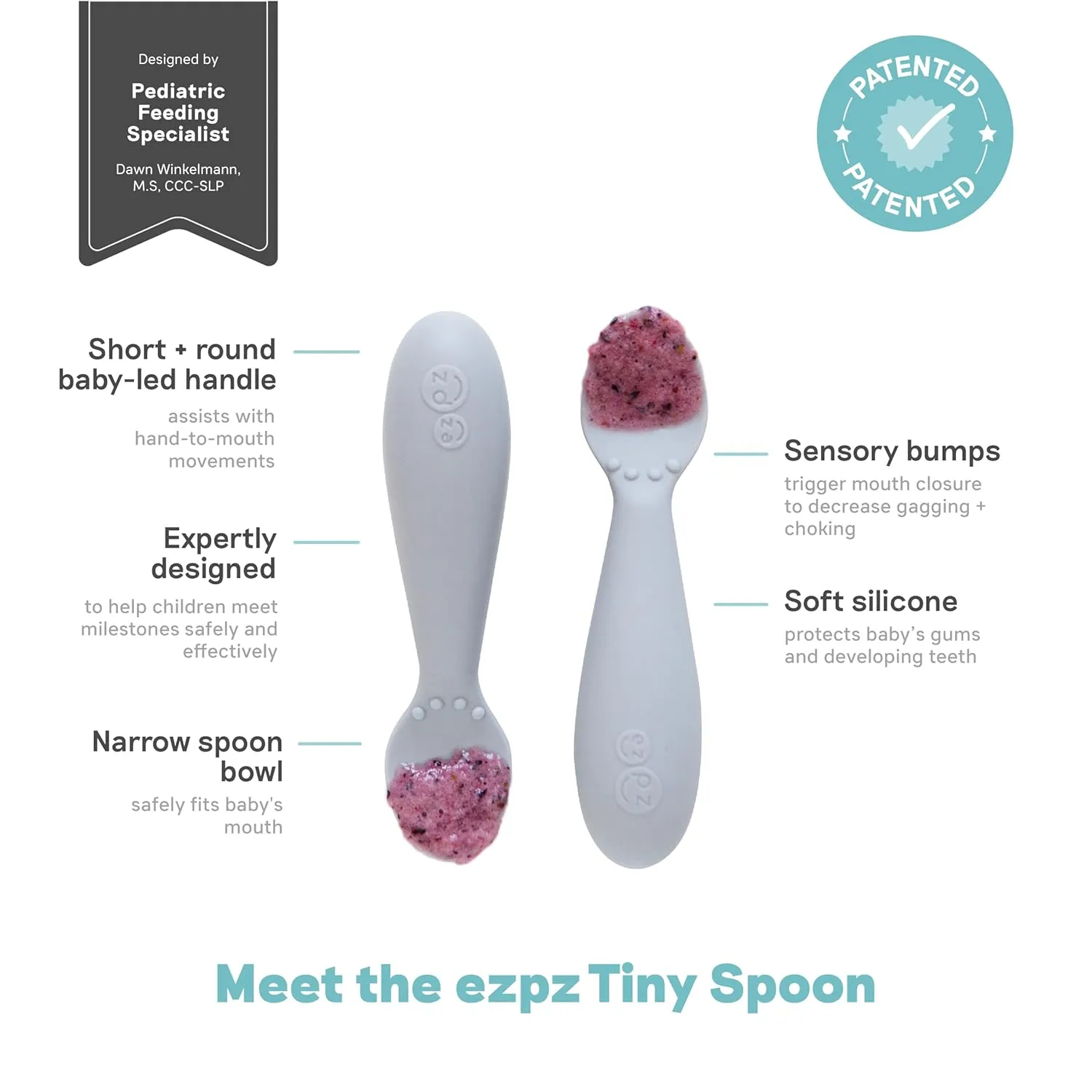 ezpz Tiny Spoon (2 Pack in Pewter) - 100% Silicone Baby Spoon for Baby Led Weaning   Purees - 6 Months   - Designed by a Pediatric Feeding Specialist - Baby Essentials & Baby Gifts
