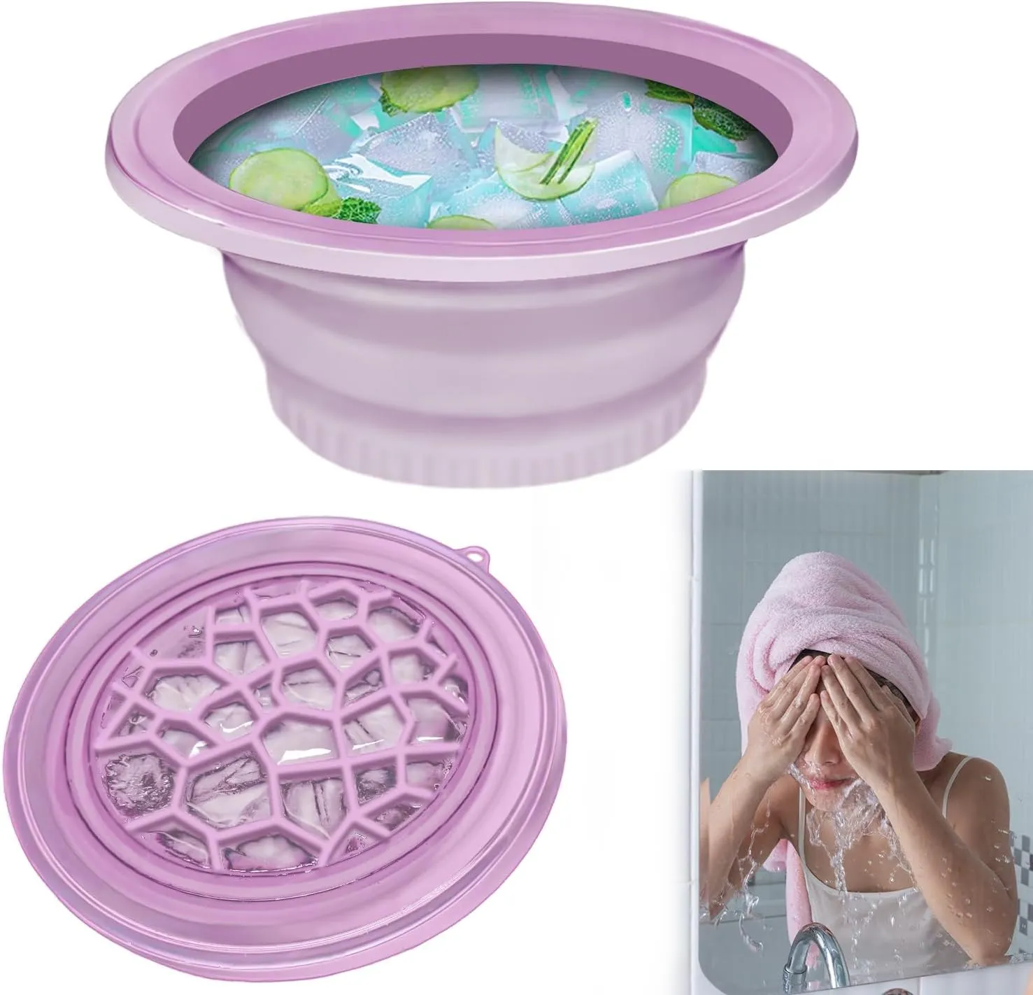 Facial Ice Bath, Collapsible Bowl for Face Ice Bath with Built-in Icetray | Facial Ice Therapy for Acne Relief, Vagus Nerve Stimulation, and Pore Shrinking (Purple)