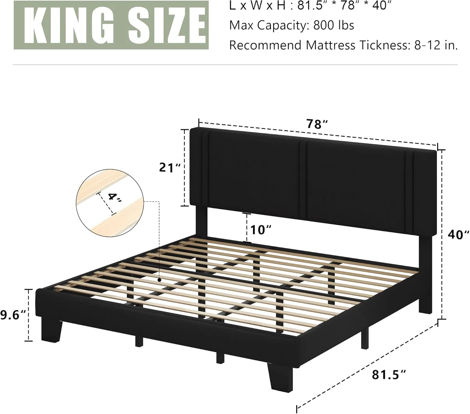 Feonase King Size Platform Bed Frame, Fabric Upholstered Wingback Bed Frame, Solid Wood Slats & Heavy Duty Feet Support, No Box Spring Needed, Noise-Free, Easy Assembly, Black