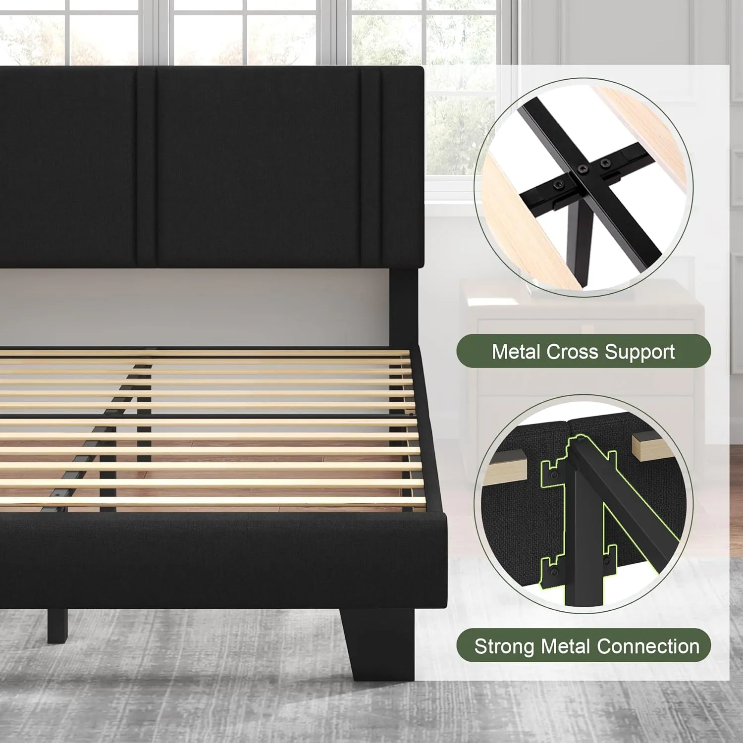 Feonase King Size Platform Bed Frame, Fabric Upholstered Wingback Bed Frame, Solid Wood Slats & Heavy Duty Feet Support, No Box Spring Needed, Noise-Free, Easy Assembly, Black