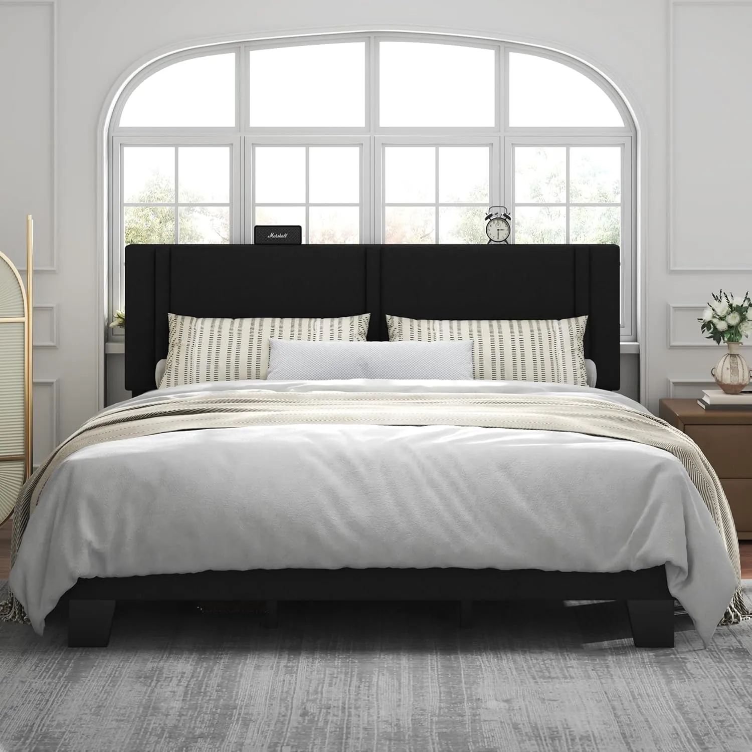 Feonase King Size Platform Bed Frame, Fabric Upholstered Wingback Bed Frame, Solid Wood Slats & Heavy Duty Feet Support, No Box Spring Needed, Noise-Free, Easy Assembly, Black
