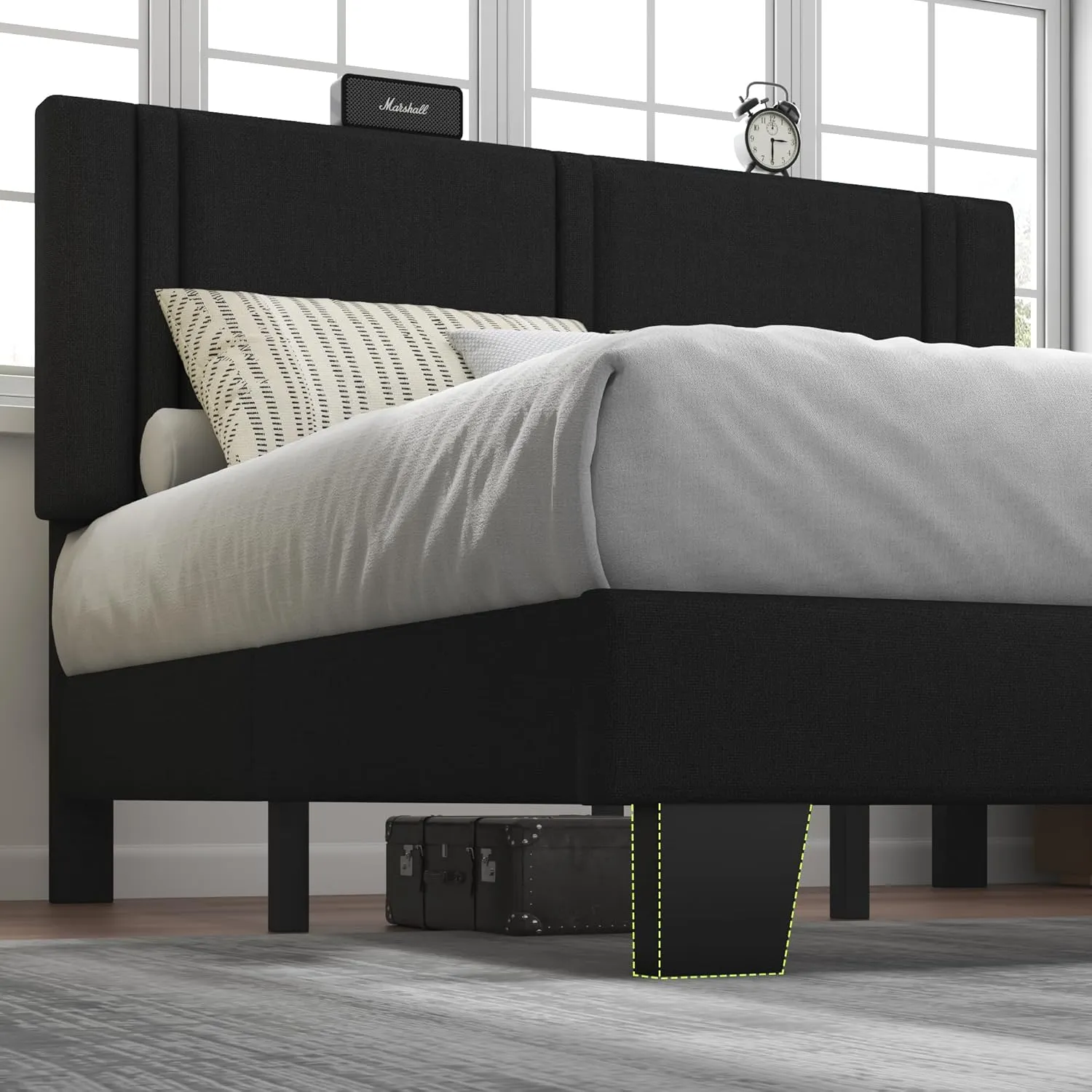 Feonase King Size Platform Bed Frame, Fabric Upholstered Wingback Bed Frame, Solid Wood Slats & Heavy Duty Feet Support, No Box Spring Needed, Noise-Free, Easy Assembly, Black