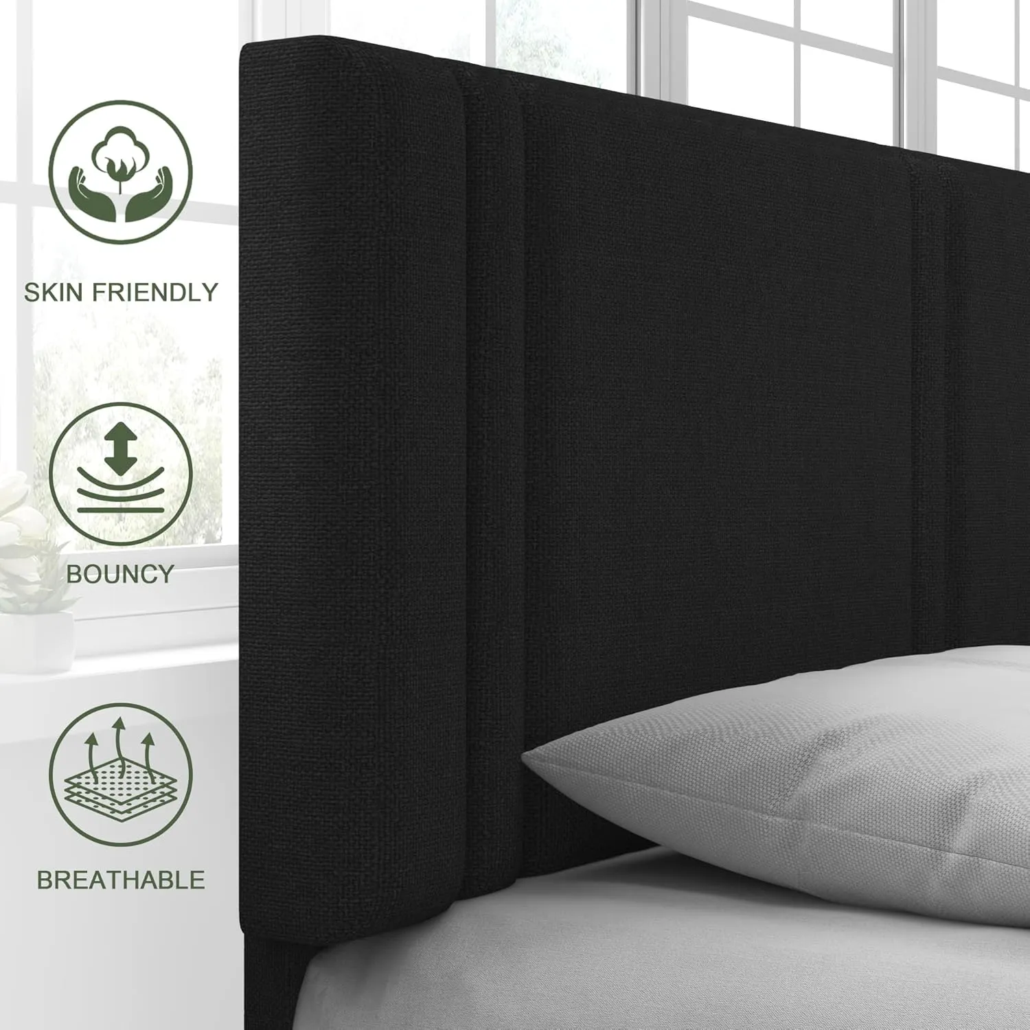 Feonase King Size Platform Bed Frame, Fabric Upholstered Wingback Bed Frame, Solid Wood Slats & Heavy Duty Feet Support, No Box Spring Needed, Noise-Free, Easy Assembly, Black