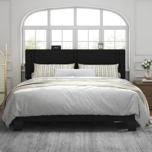 Feonase King Size Platform Bed Frame, Fabric Upholstered Wingback Bed Frame, Solid Wood Slats & Heavy Duty Feet Support, No Box Spring Needed, Noise-Free, Easy Assembly, Black