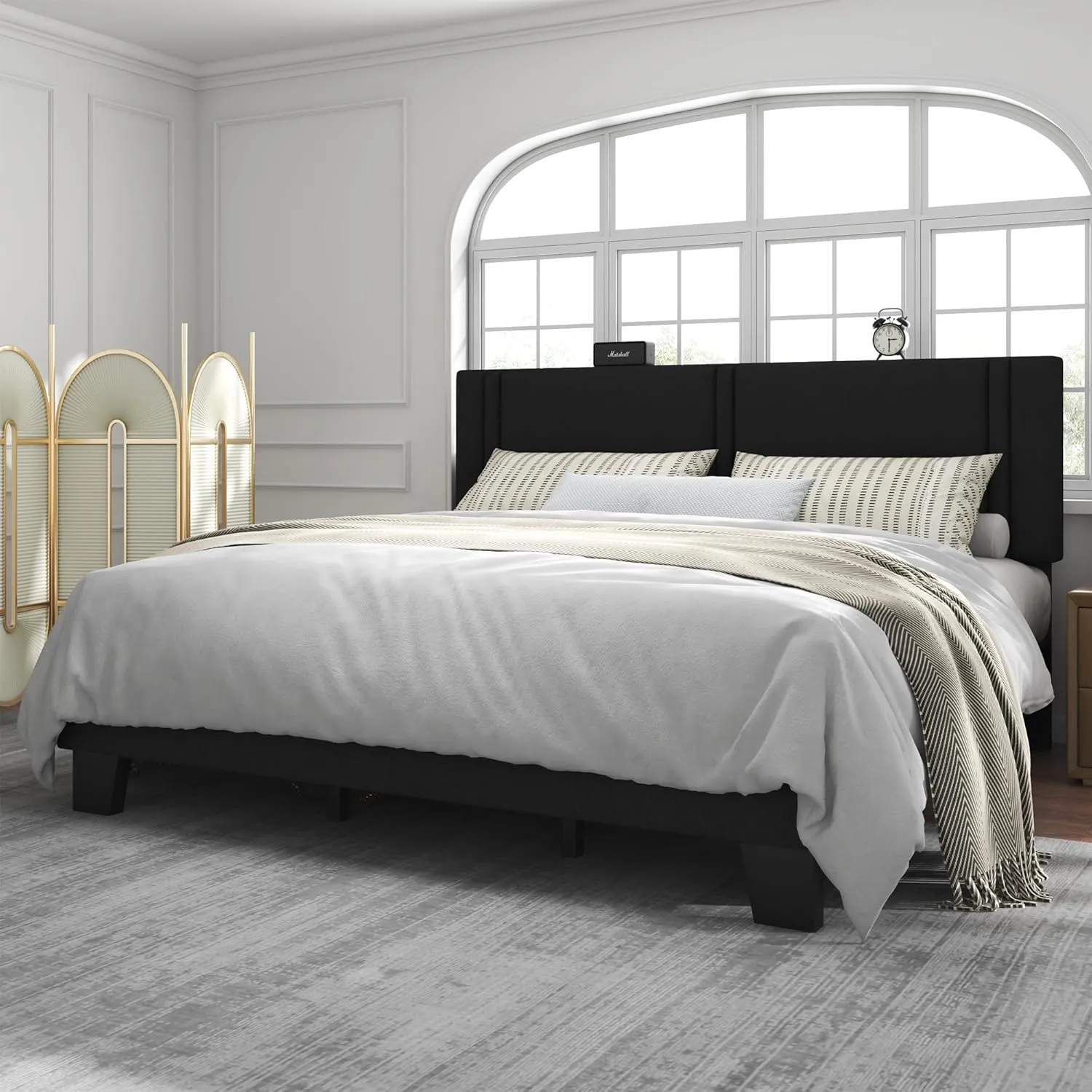Feonase King Size Platform Bed Frame, Fabric Upholstered Wingback Bed Frame, Solid Wood Slats & Heavy Duty Feet Support, No Box Spring Needed, Noise-Free, Easy Assembly, Black