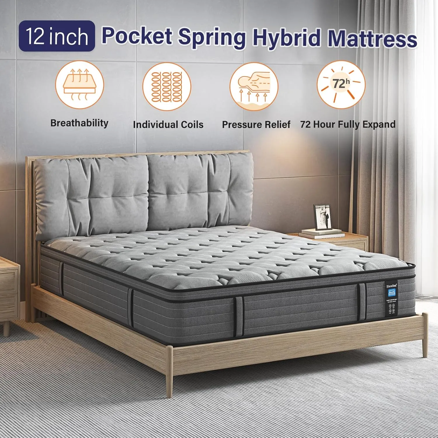 Firm Queen Mattress,12 Inch Queen Size Hybrid Mattress with Extra Lumbar Support for Back Pain Relief, Cool Sleep, Edge Support, Firm Pocket Spring with Motion Isolation, Fiberglass-Free
