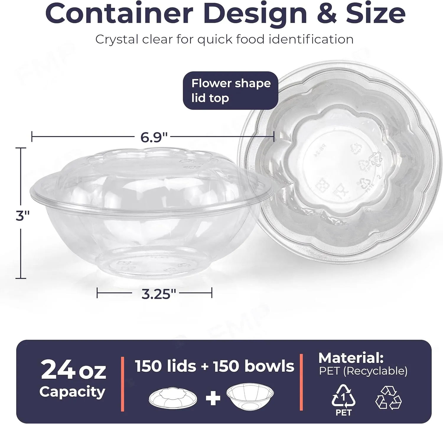 Fit Meal Prep 50 Pack 24 oz Disposable Plastic Clear Salad Bowls with Airtight Lids - To Go for Lunch, Takeout, Party, Catering, Picnic