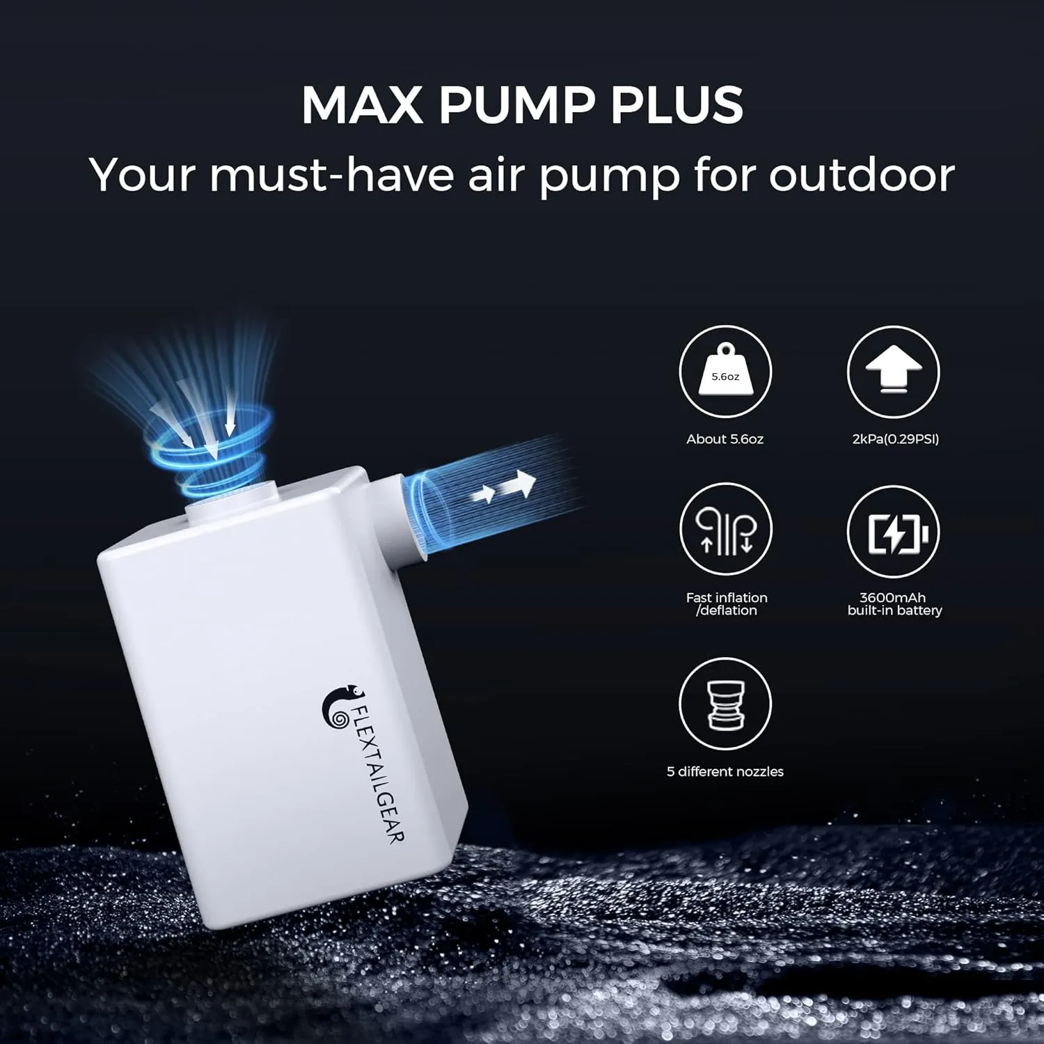 FLEXTAILGEAR - MAX Pump Plus Portable Air Pump with 3600mAh Battery USB Rechargeable Lightwight Air Pump to Quick Inflate Deflate for Pool Floats Air Bed Air Mattress Swimming Ring (White)