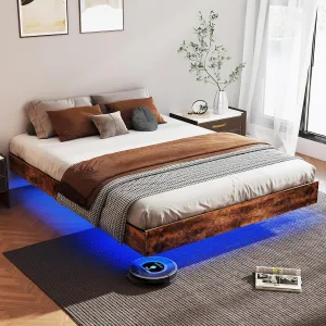 Floating Bed Frame Queen with LED Lights, Metal Platform Queen size Floating Bed Frame with Under Bed Storage, Heavy Duty Steel Slats Support, No Box Spring Needed, Noise Free, Easy Assembly, Brown