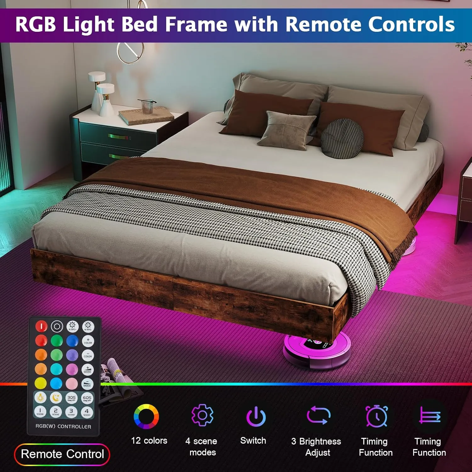 Floating Bed Frame Queen with LED Lights, Metal Platform Queen size Floating Bed Frame with Under Bed Storage, Heavy Duty Steel Slats Support, No Box Spring Needed, Noise Free, Easy Assembly, Brown