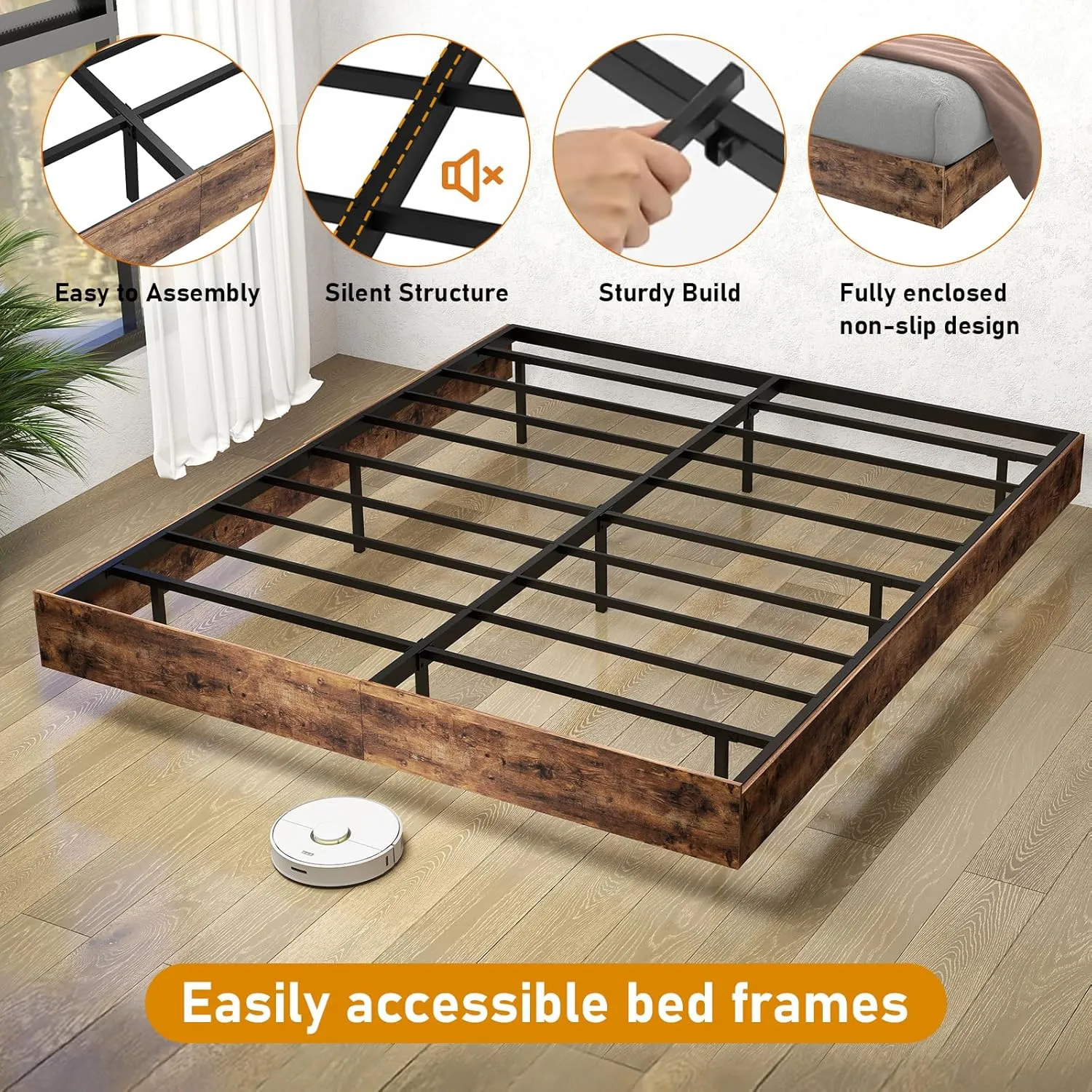 Floating Bed Frame Queen with LED Lights, Metal Platform Queen size Floating Bed Frame with Under Bed Storage, Heavy Duty Steel Slats Support, No Box Spring Needed, Noise Free, Easy Assembly, Brown