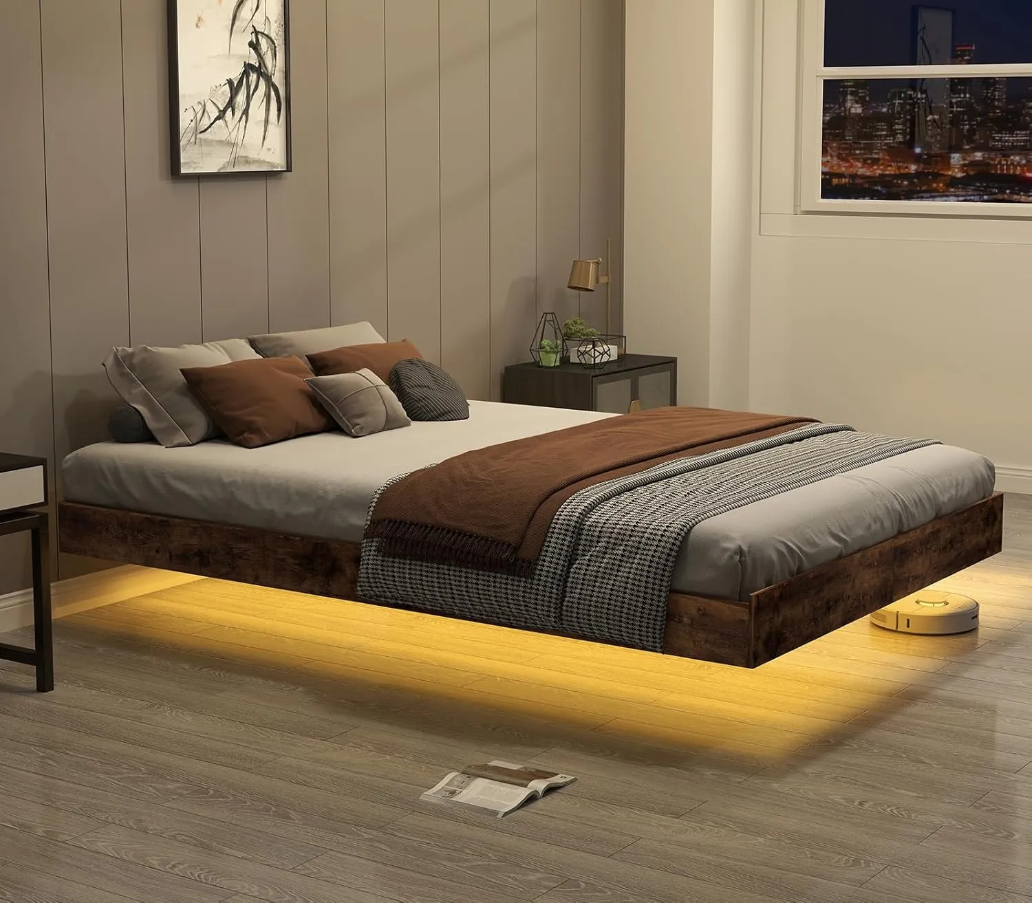 Floating Bed Frame Queen with LED Lights, Metal Platform Queen size Floating Bed Frame with Under Bed Storage, Heavy Duty Steel Slats Support, No Box Spring Needed, Noise Free, Easy Assembly, Brown