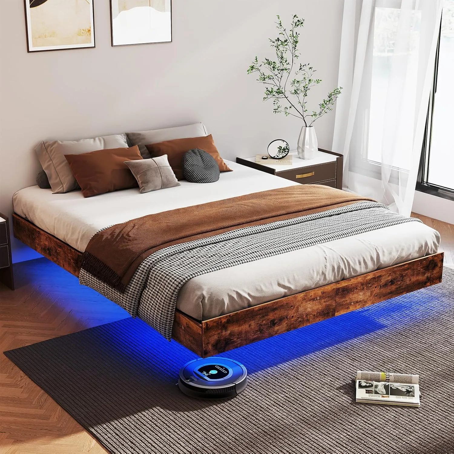 Floating Bed Frame Queen with LED Lights, Metal Platform Queen size Floating Bed Frame with Under Bed Storage, Heavy Duty Steel Slats Support, No Box Spring Needed, Noise Free, Easy Assembly, Brown