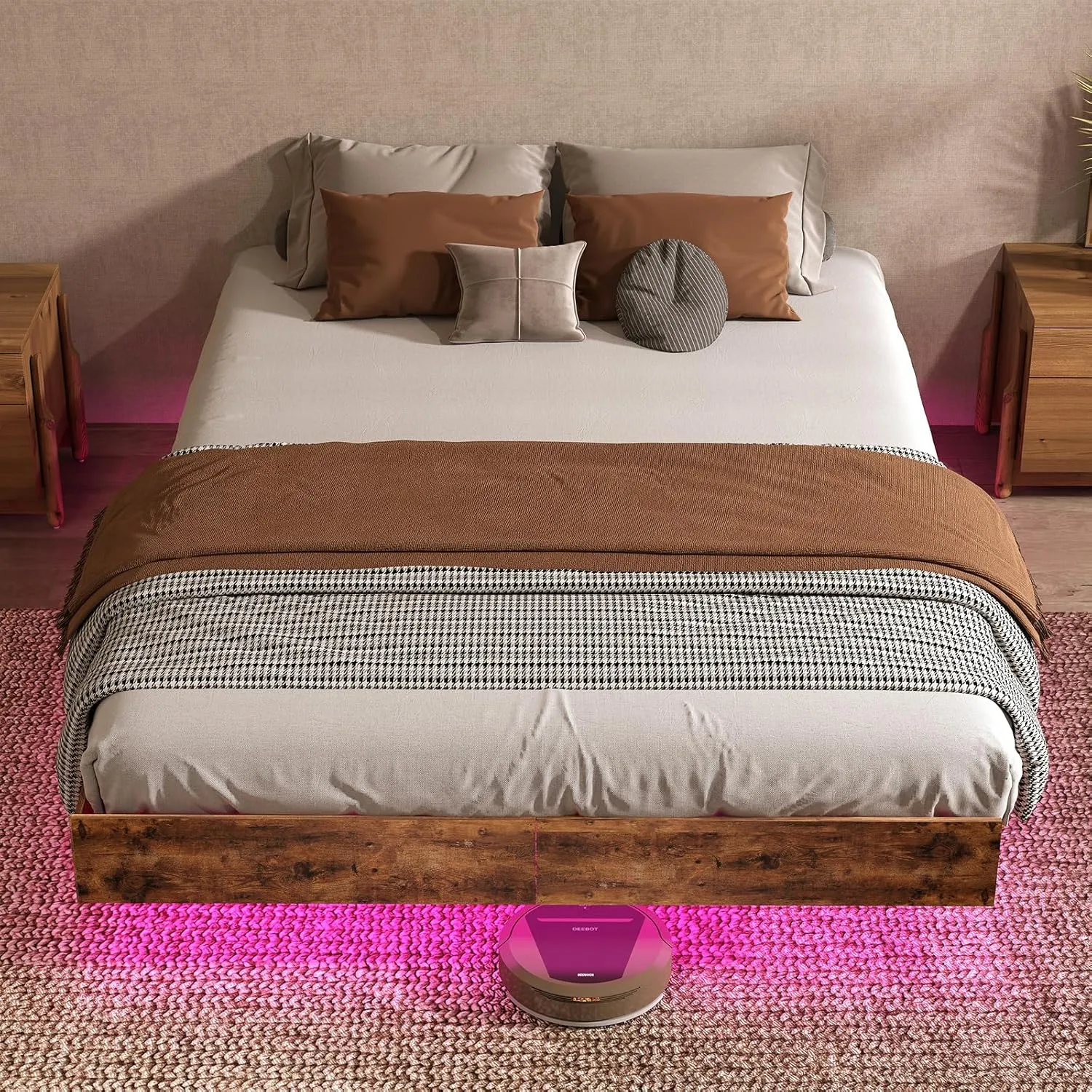 Floating Bed Frame Queen with LED Lights, Metal Platform Queen size Floating Bed Frame with Under Bed Storage, Heavy Duty Steel Slats Support, No Box Spring Needed, Noise Free, Easy Assembly, Brown