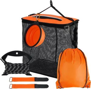 Floating Fishing Basket, Foldable Fish Basket for Caught Fish, Portable Collapsible Fishing Net Storage Cage with Bait Bowl, Rod Strap for Outdoor Fishing