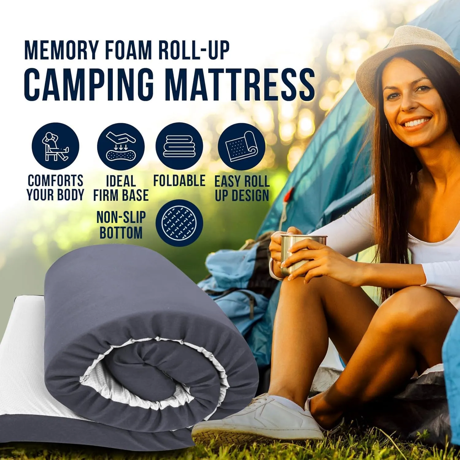 Foamma 3" x 30" x 75" Memory Foam Roll-Up Camping Mattress with Water Resistant Zipper Cover, Foldable and Portable for Camping, RV Bunk, Tent, Guest Bed, Outdoor and Dorm, CertiPUR-US Certified Foam