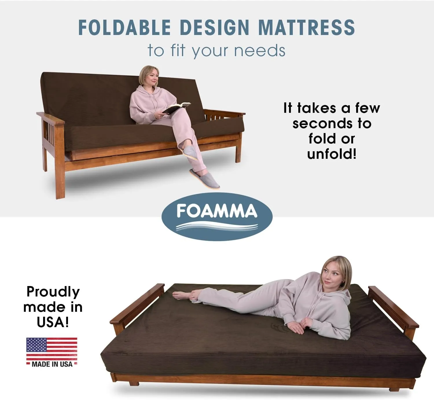 Foamma Memory Foam Futon Mattress, Double-Sided Foldout Couch Futon Mattress - Full Size (Brown) - Thick Corded, Heavy Duty, Comfortable Sofa Bed for All (Frame NOT Included)