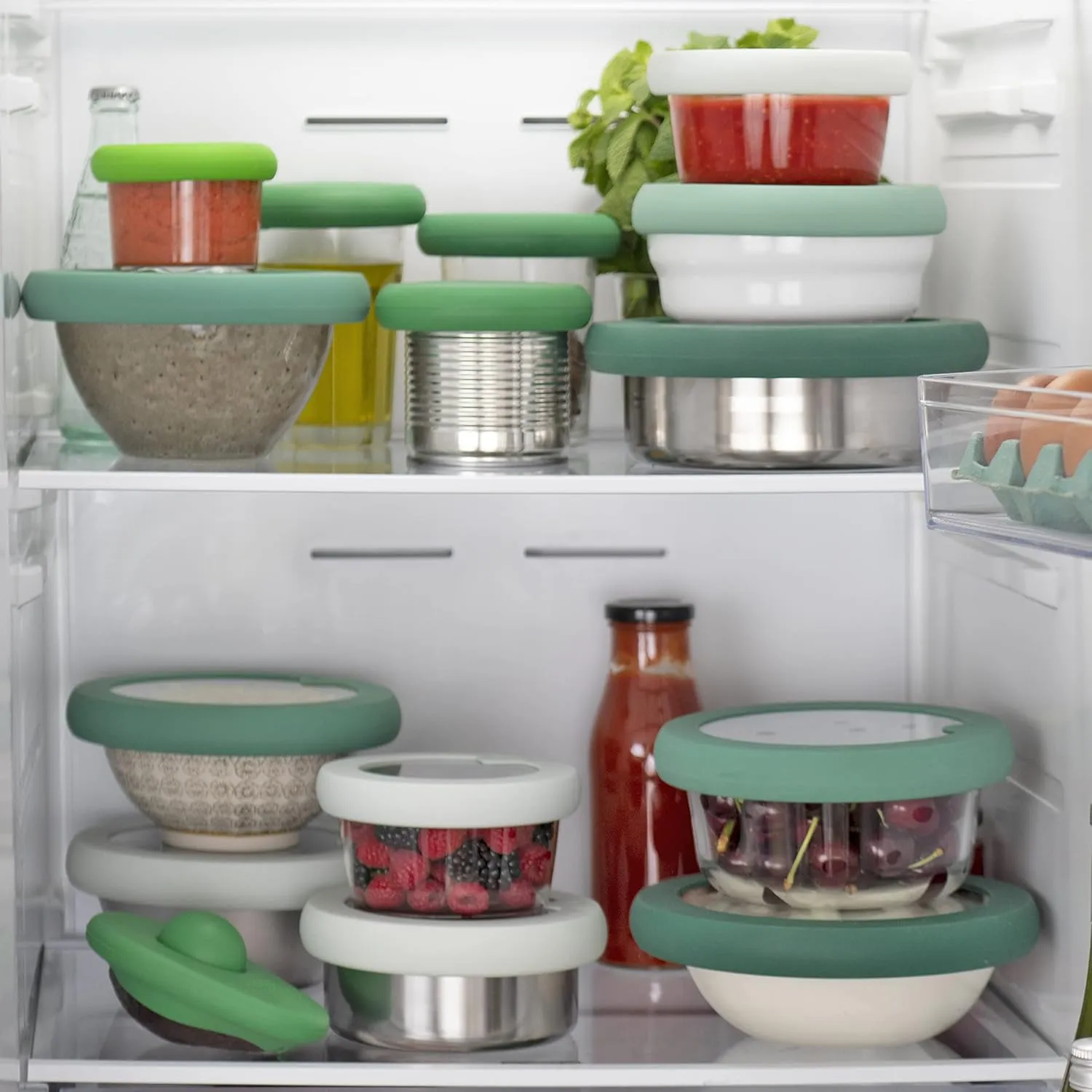Food Huggers Replacement Lids for Glass Storage Containers Silicone & Glass Lids that Don’t Crack | Fits Most Round Container Brands & Bowls | 100% Plastic Free | 1 Lid (Small), Gradual Green