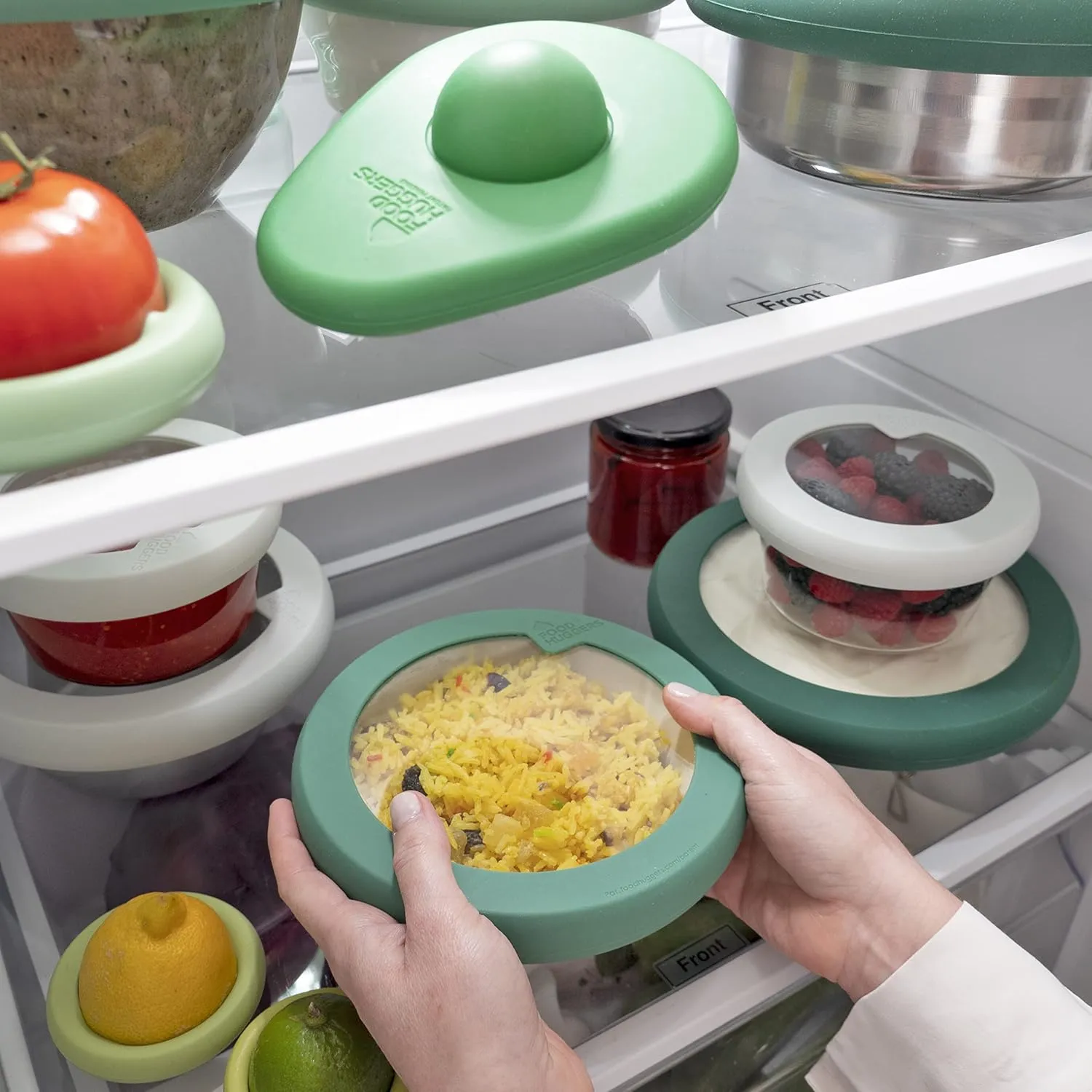 Food Huggers Replacement Lids for Glass Storage Containers Silicone & Glass Lids that Don’t Crack | Fits Most Round Container Brands & Bowls | 100% Plastic Free | 1 Lid (Small), Gradual Green