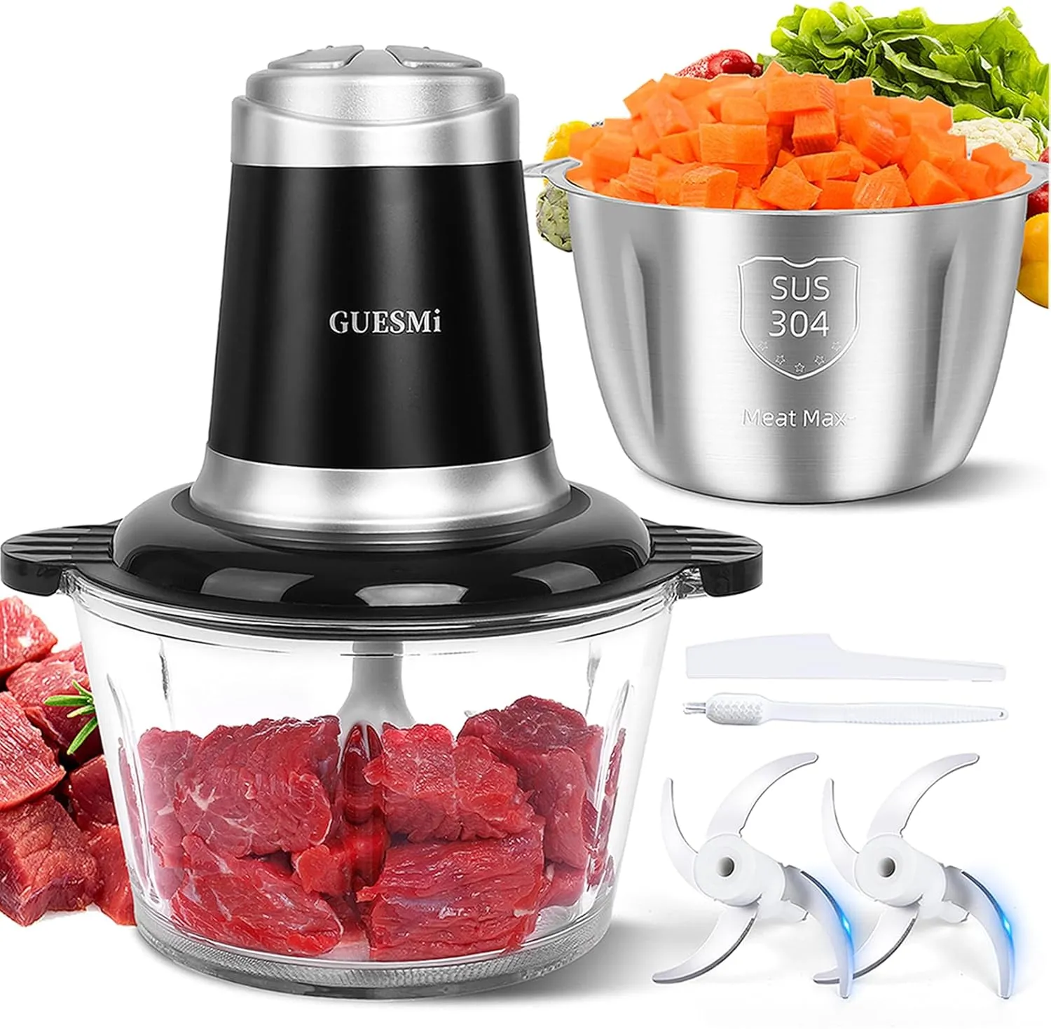 Food Processors, Powerful 500W Food Chopper Meat Grinder & Veggie Chopper with 2 Bowls(8 Cup 8 Cup) & 2 Bi-Level Blades with Electric Food Copper Motor -Vegetable, Onion, Garlic, Meat, Nuts