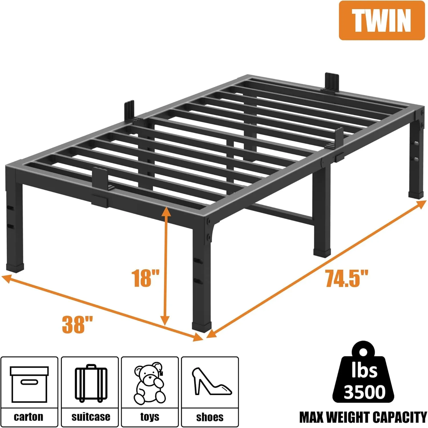FUIOBYVV Twin Bed Frames, 18 Inch Heavy Duty Metal Platform Bed Frame Twin Size Support Up to 3500 lbs, No Box Spring Needed/No Shaking/Steel Slat Support/Noise Free/Easy Assembly