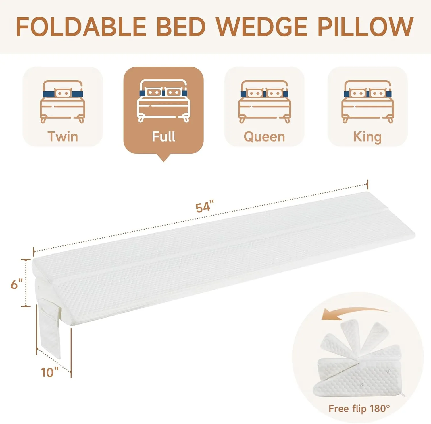 Full Size Bed Wedge Pillow for Headboard – Foldable Mattress Gap Filler (0–8"), Converts to Backrest, Prevents Pillow Slipping, Reversible Dual-Side Pockets, Washable Cover, White (54"x10"x6")