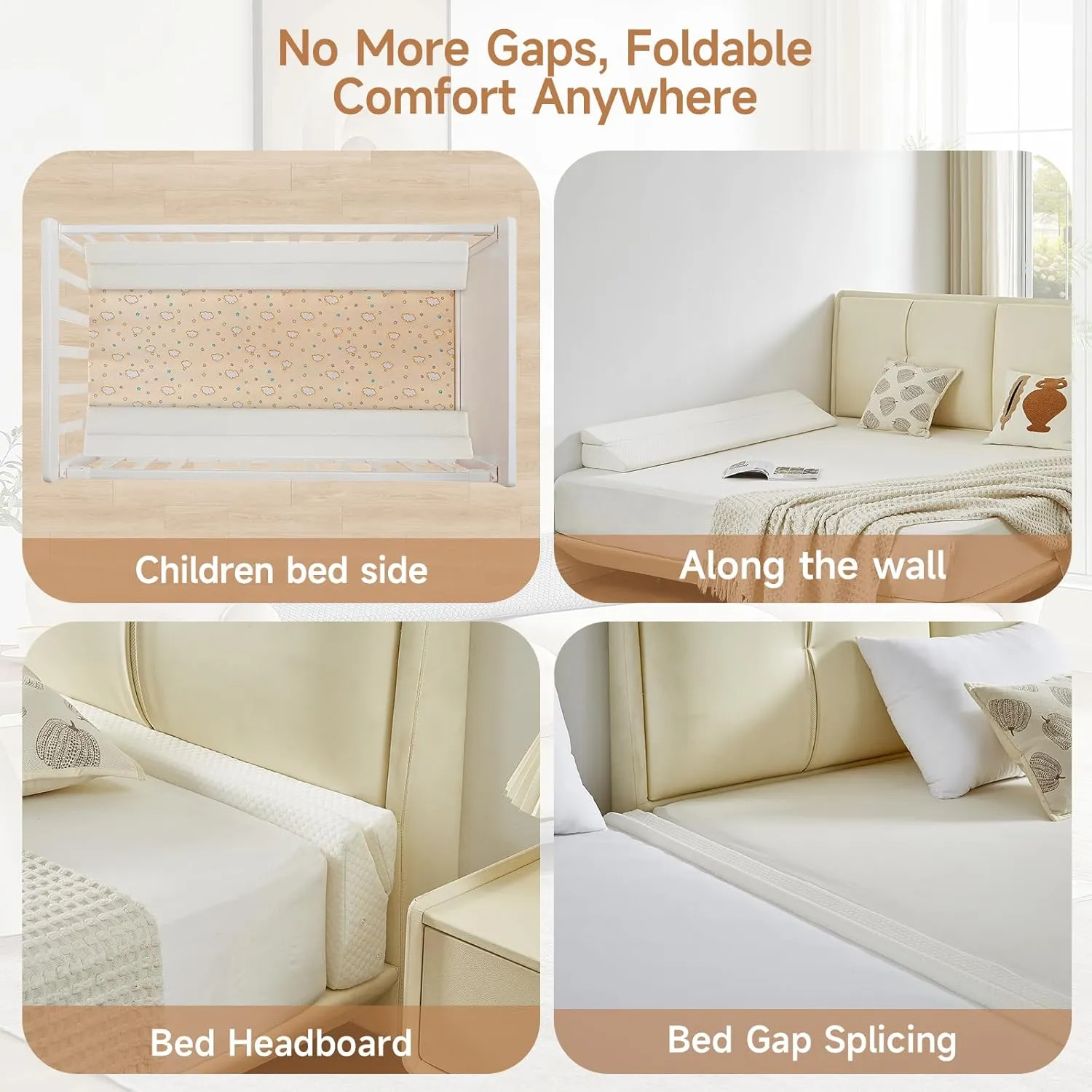 Full Size Bed Wedge Pillow for Headboard – Foldable Mattress Gap Filler (0–8"), Converts to Backrest, Prevents Pillow Slipping, Reversible Dual-Side Pockets, Washable Cover, White (54"x10"x6")