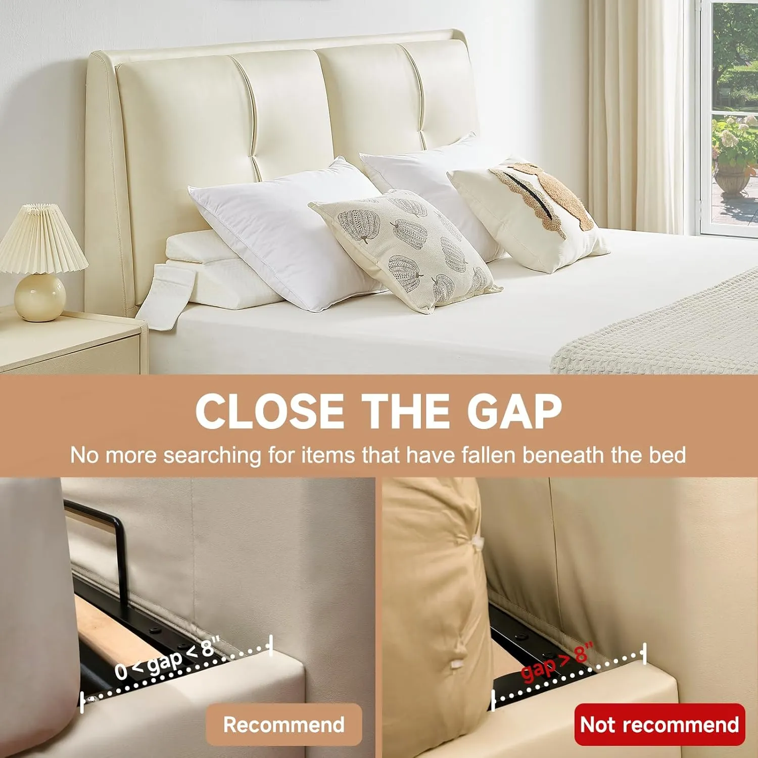 Full Size Bed Wedge Pillow for Headboard – Foldable Mattress Gap Filler (0–8"), Converts to Backrest, Prevents Pillow Slipping, Reversible Dual-Side Pockets, Washable Cover, White (54"x10"x6")