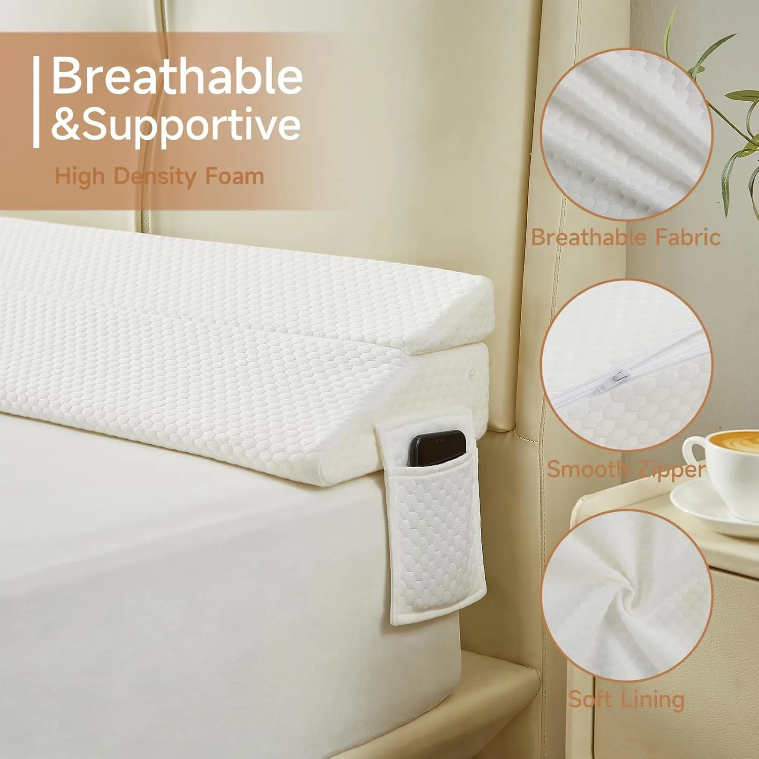 Full Size Bed Wedge Pillow for Headboard – Foldable Mattress Gap Filler (0–8"), Converts to Backrest, Prevents Pillow Slipping, Reversible Dual-Side Pockets, Washable Cover, White (54"x10"x6")