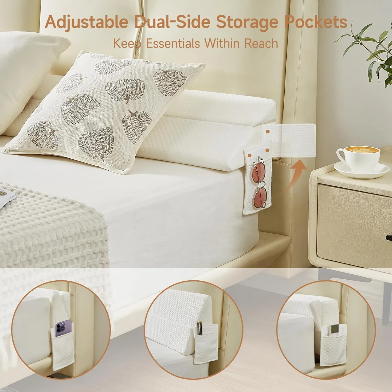 Full Size Bed Wedge Pillow for Headboard – Foldable Mattress Gap Filler (0–8"), Converts to Backrest, Prevents Pillow Slipping, Reversible Dual-Side Pockets, Washable Cover, White (54"x10"x6")