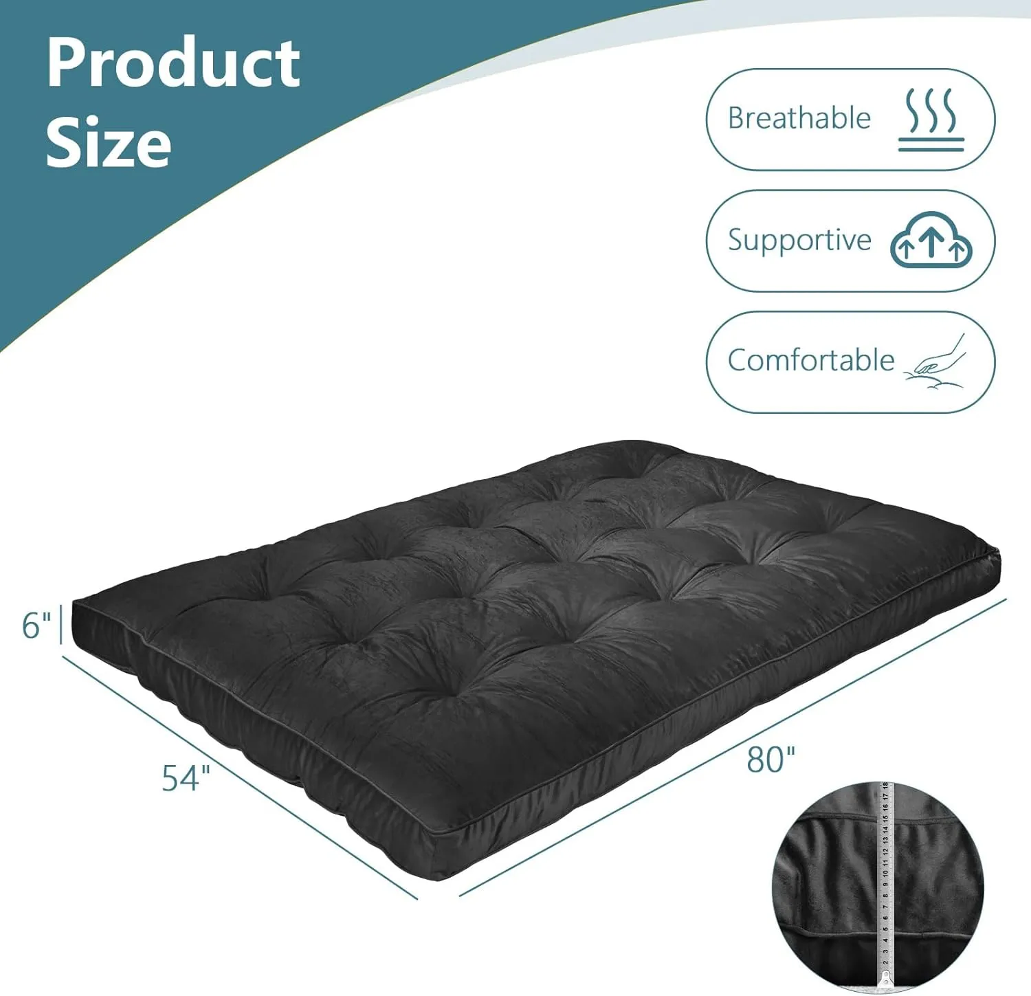 Futon Mattres Full Size 6",Flannel Floor Foldable for Adults,Floor Futon Mattress,High Density Shredded Foam Filling Mattress for Bedroom,Living (Frame Not Included), 54 x 80,Black