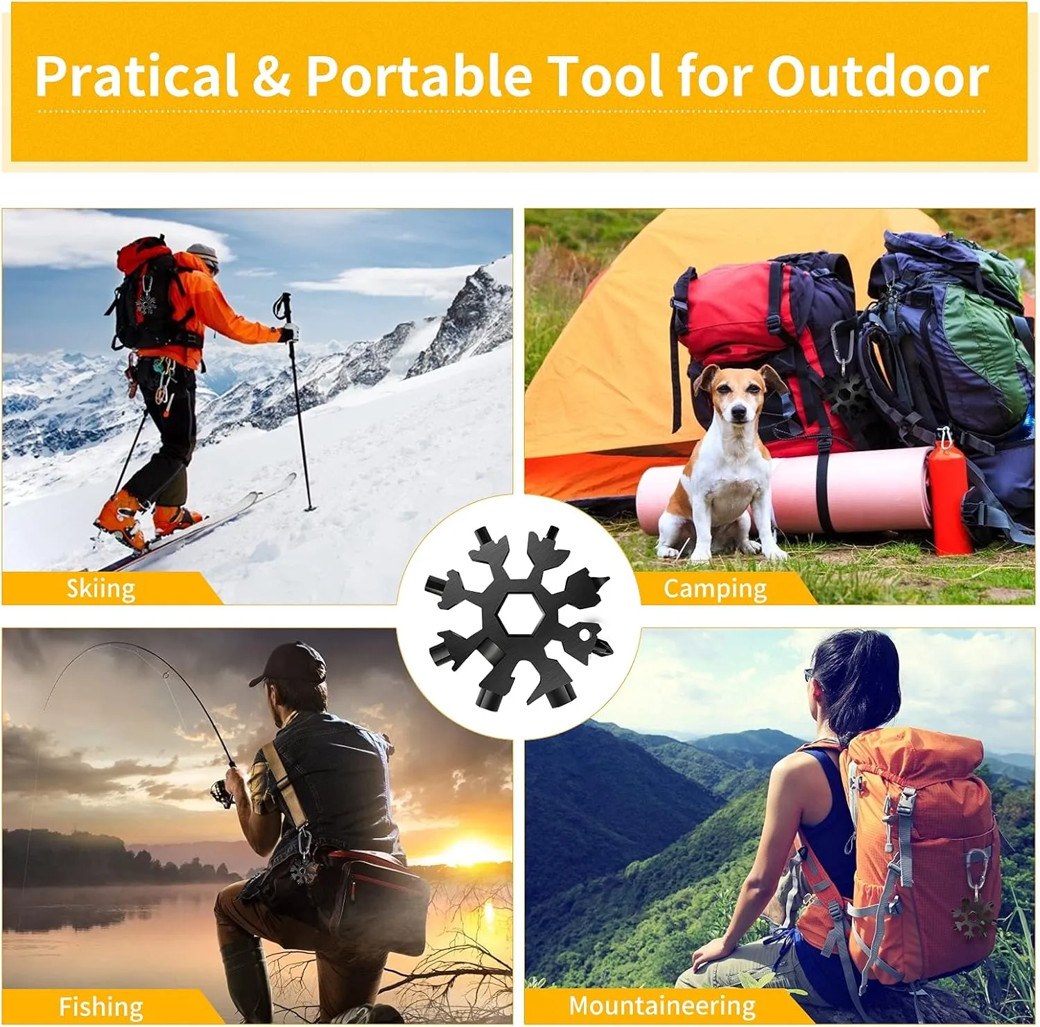 FZENeast 18-in-1 Snowflake Multitool, 2 Pcs Stainless Steel Standard Multi-Tool With Key Ring, Carabiner Clip and Storage Bag (Black)