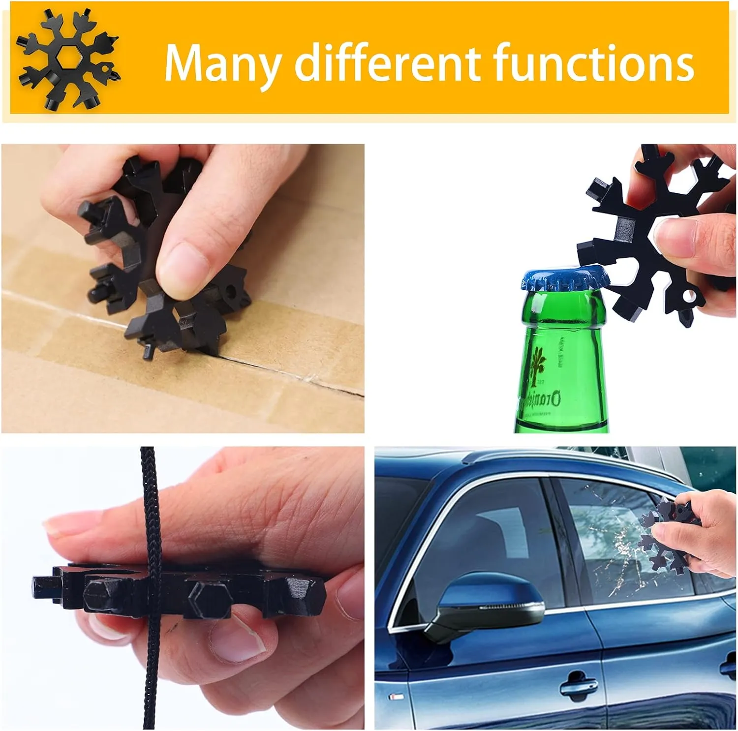 FZENeast 18-in-1 Snowflake Multitool, 2 Pcs Stainless Steel Standard Multi-Tool With Key Ring, Carabiner Clip and Storage Bag (Black)