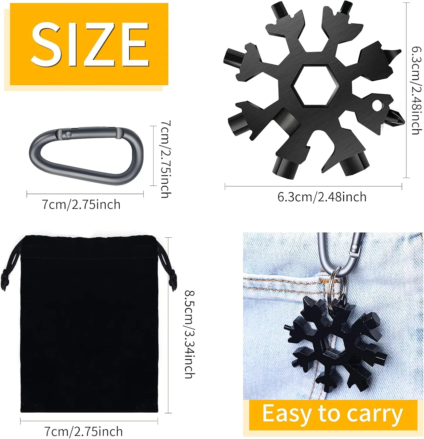 FZENeast 18-in-1 Snowflake Multitool, 2 Pcs Stainless Steel Standard Multi-Tool With Key Ring, Carabiner Clip and Storage Bag (Black)
