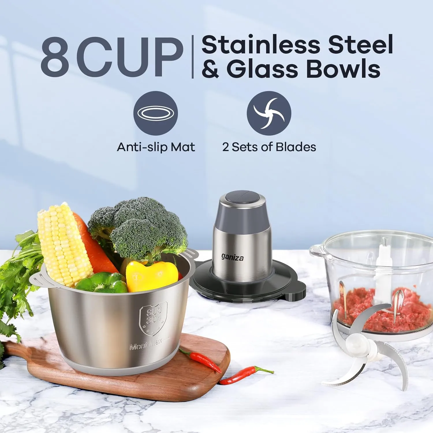 GANIZA Food Processors, Electric Chopper with Meat Grinder & Veggie Chopper - 2 Bowls with Powerful Copper Motor - Includes 2 Sets of Bi-Level Blades for Baby Food/Meat (Grey, 8 Cup 8 Cup)