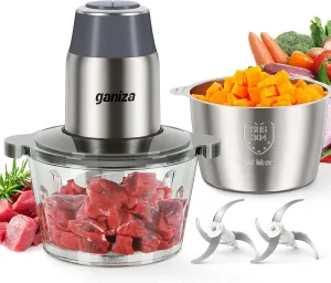GANIZA Food Processors, Electric Chopper with Meat Grinder & Veggie Chopper - 2 Bowls with Powerful Copper Motor - Includes 2 Sets of Bi-Level Blades for Baby Food/Meat (Grey, 8 Cup 8 Cup)