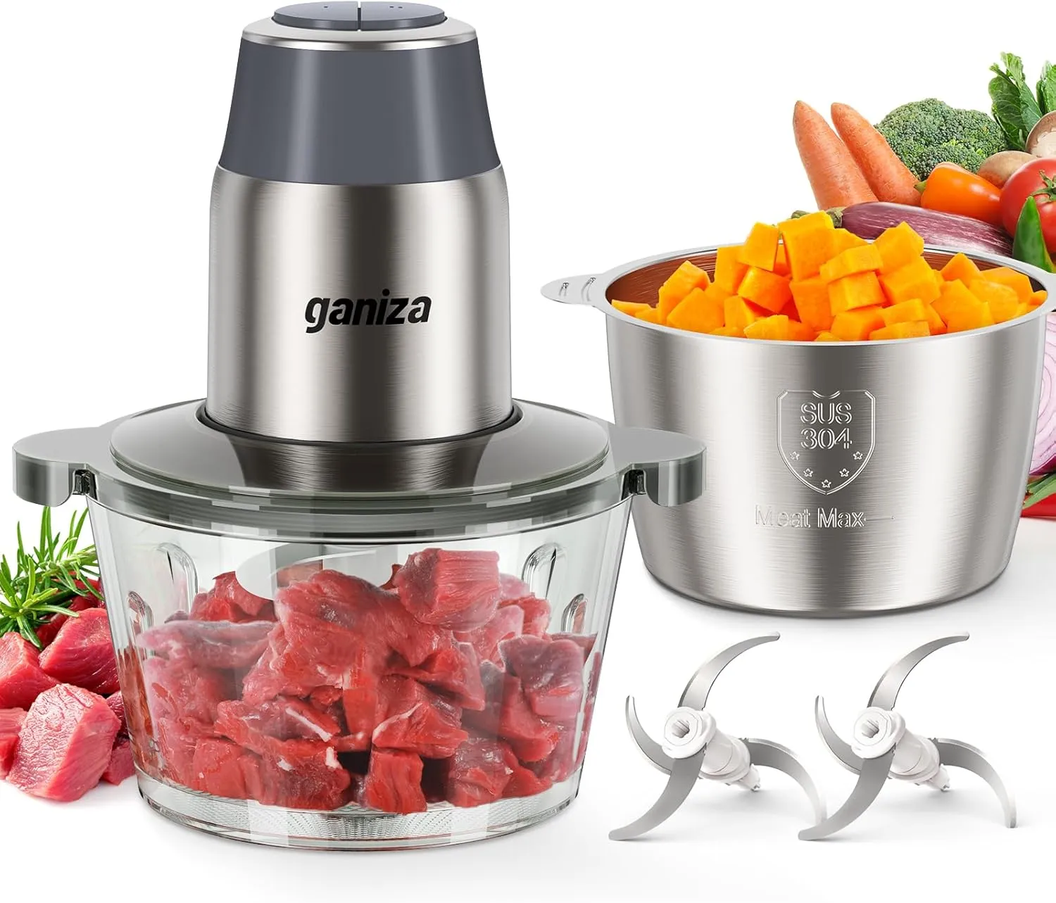 GANIZA Food Processors, Electric Chopper with Meat Grinder & Veggie Chopper - 2 Bowls with Powerful Copper Motor - Includes 2 Sets of Bi-Level Blades for Baby Food/Meat (Grey, 8 Cup 8 Cup)