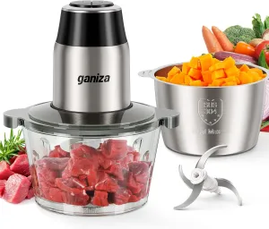 GANIZA Food Processors, Electric Food Chopper with Meat Grinder & Vegetable Chopper - 2 Bowls (8 Cup 8 Cup) with Powerful 450W Copper Motor - Includes 2 Sets of Bi-Level Blades for Fruits/Meat/Nuts